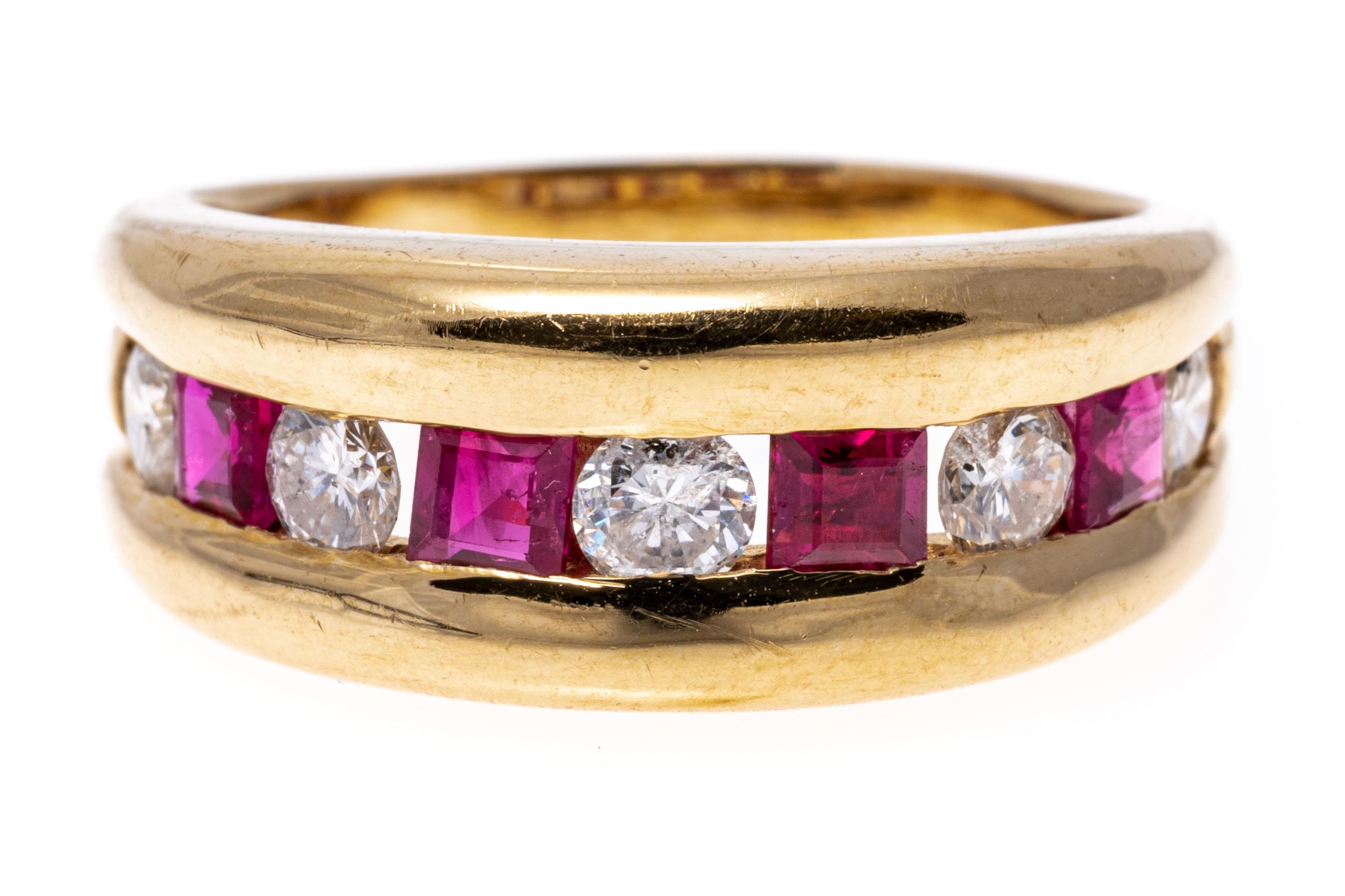 Women's 14k Yellow Gold Wide Bezel Diamond and Square Ruby Channel Band Ring For Sale