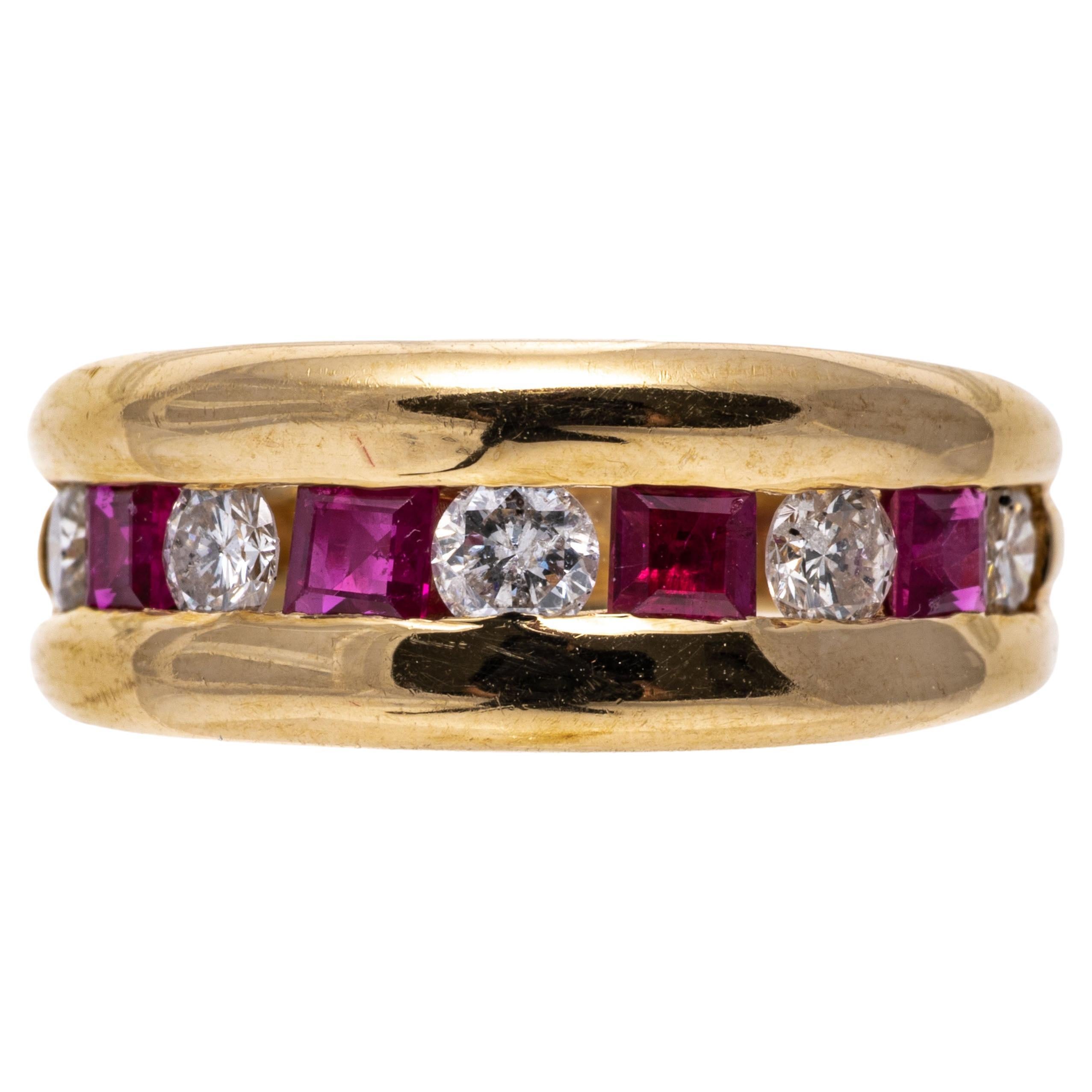 14k Yellow Gold Wide Bezel Diamond and Square Ruby Channel Band Ring For Sale