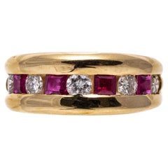 14k Yellow Gold Wide Bezel Diamond and Square Ruby Channel Band Ring