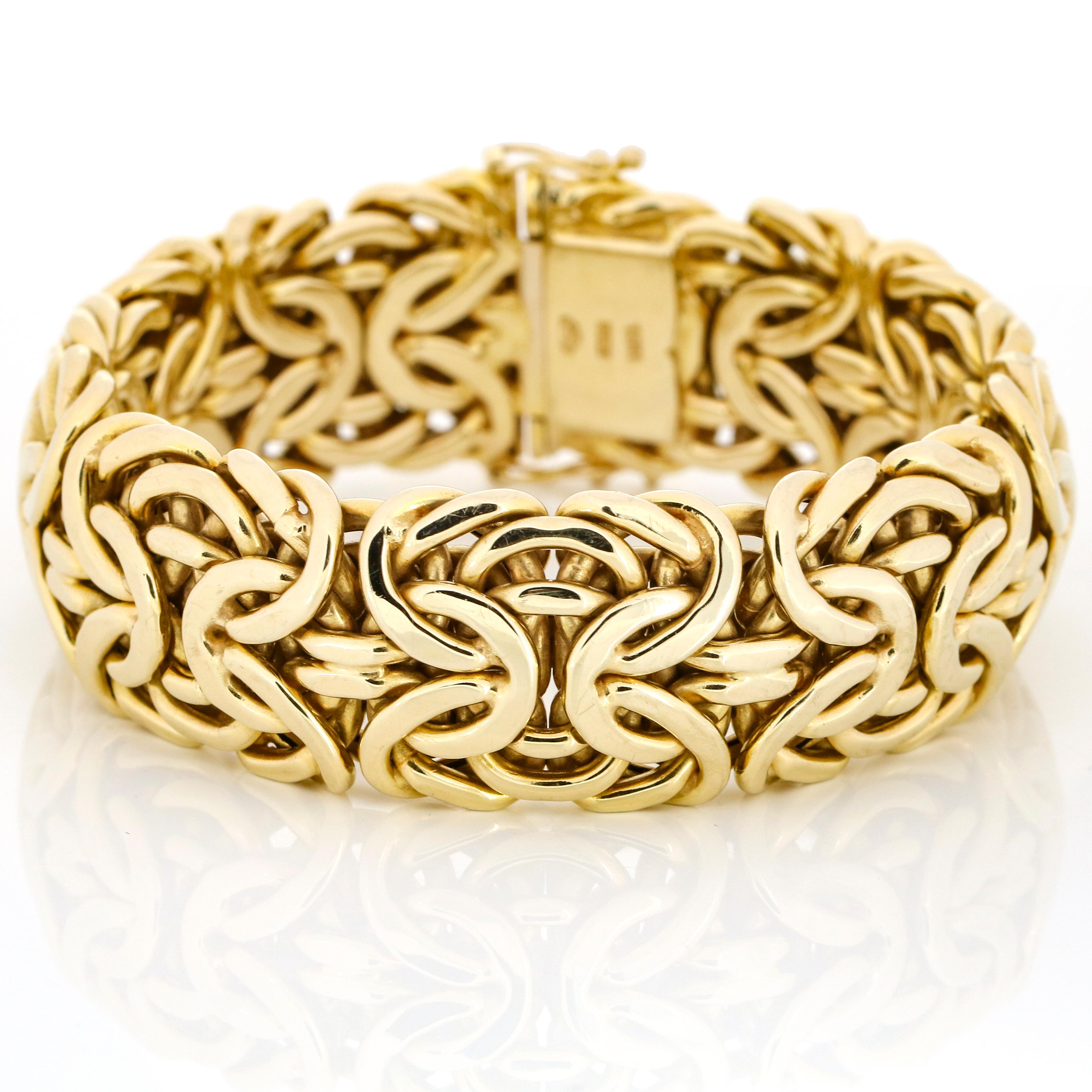 Women's 14 Karat Yellow Gold Wide Byzantine Link Bracelet For Sale