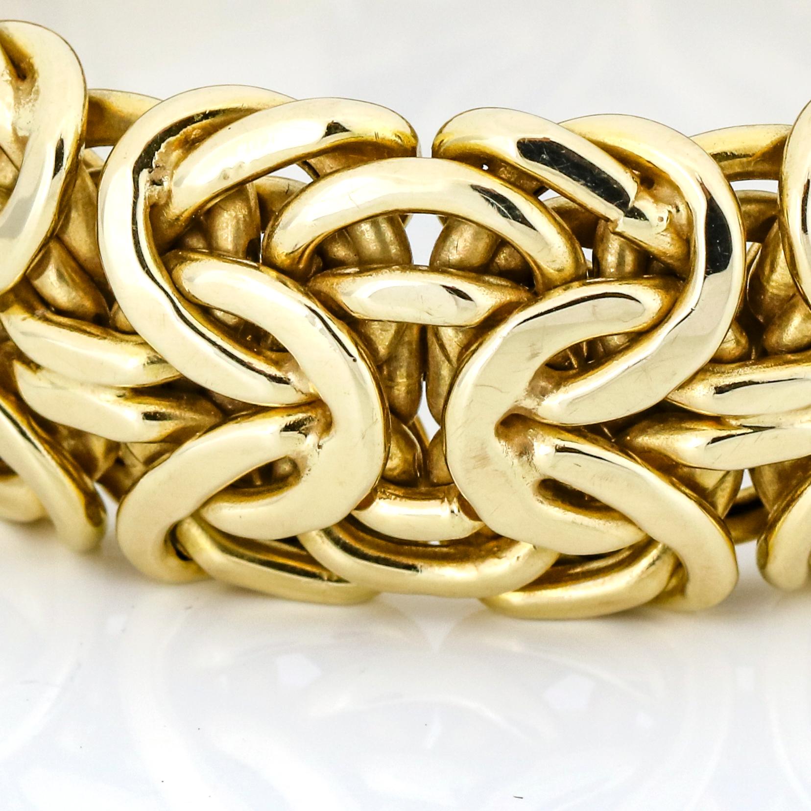 14 Karat Yellow Gold Wide Byzantine Link Bracelet For Sale 1