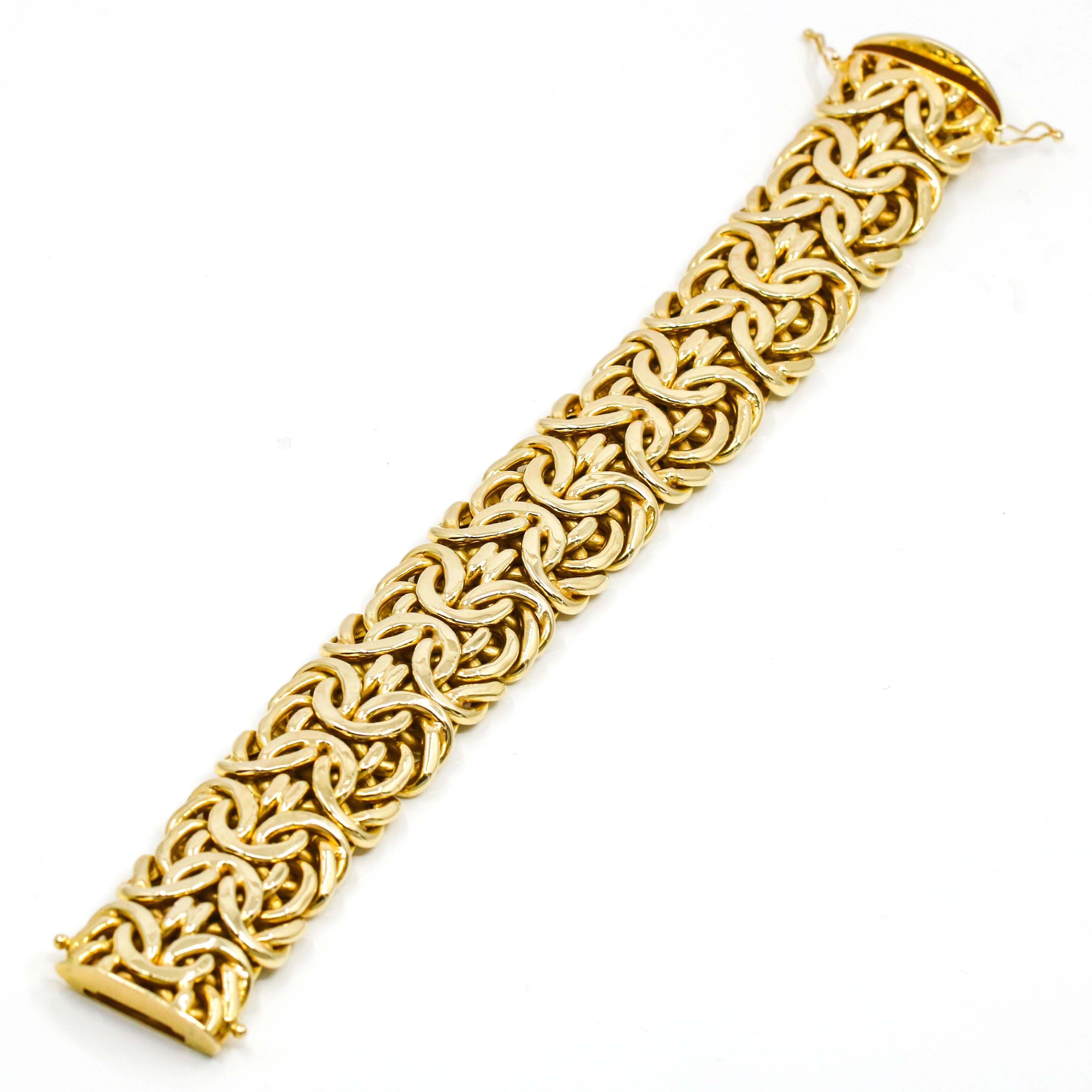 14 Karat Yellow Gold Wide Byzantine Link Bracelet For Sale 2