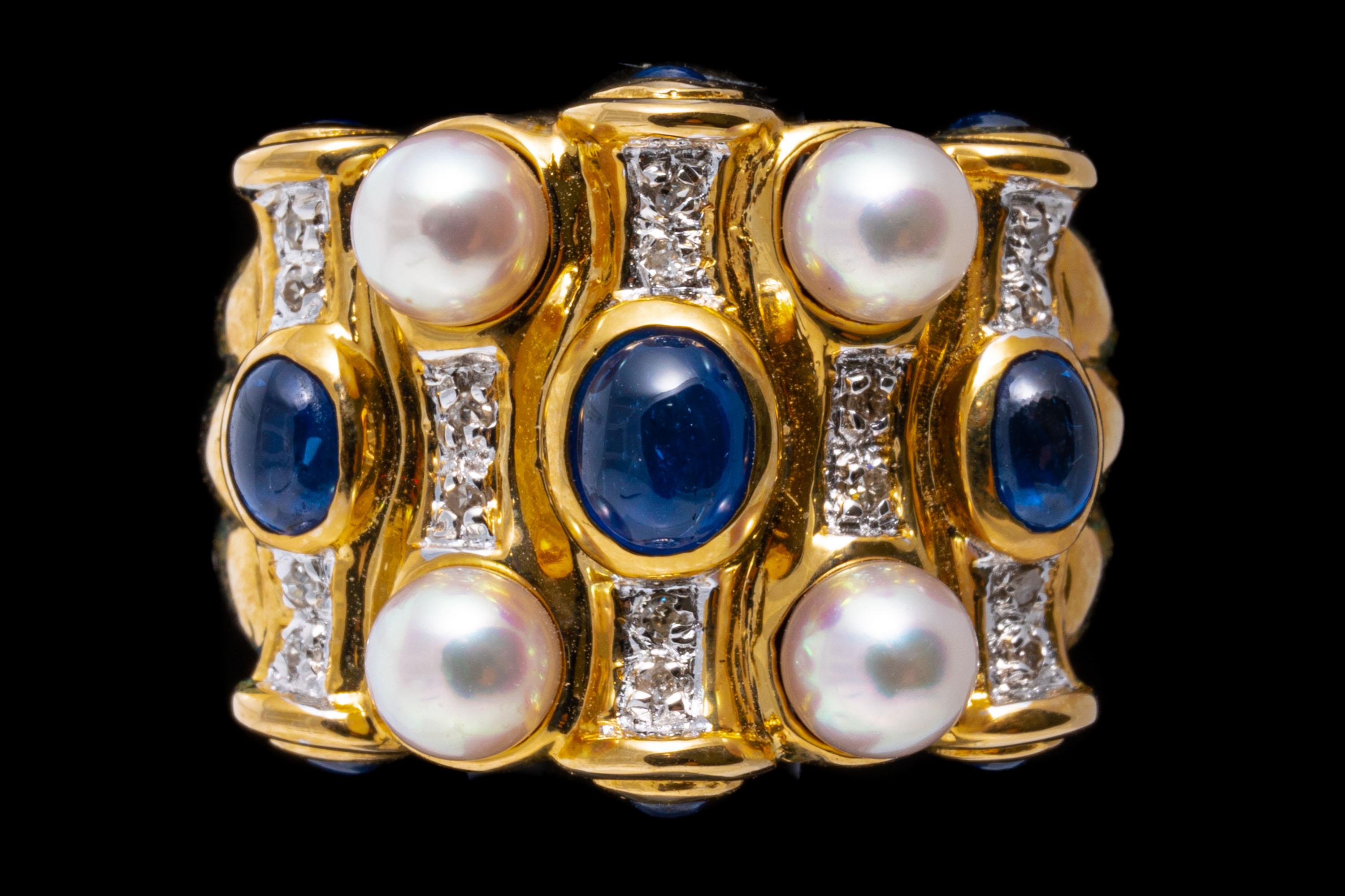 14k Yellow Gold Wide Cabachon Sapphire, Diamond And Cultured Pearl Dome Ring For Sale 4