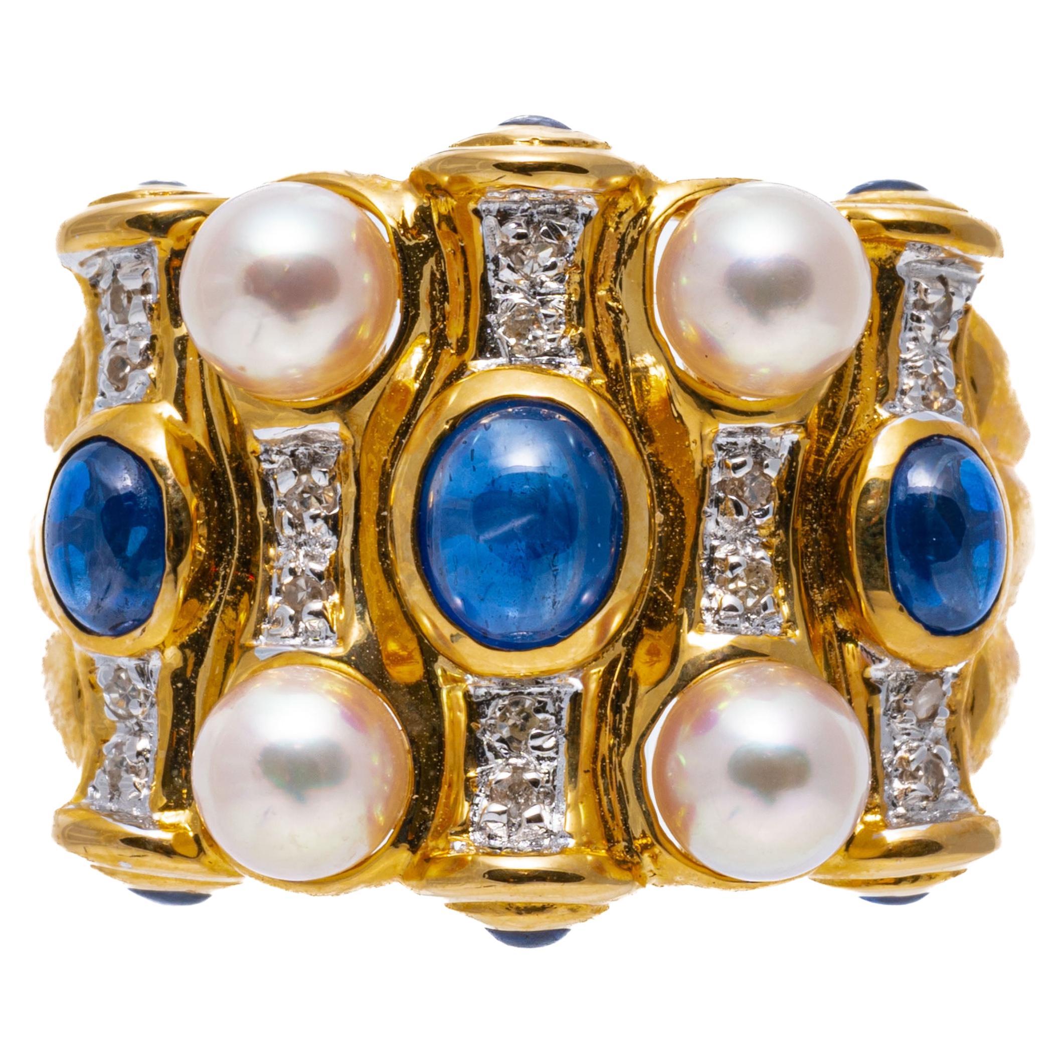 14k Yellow Gold Wide Cabachon Sapphire, Diamond And Cultured Pearl Dome Ring For Sale