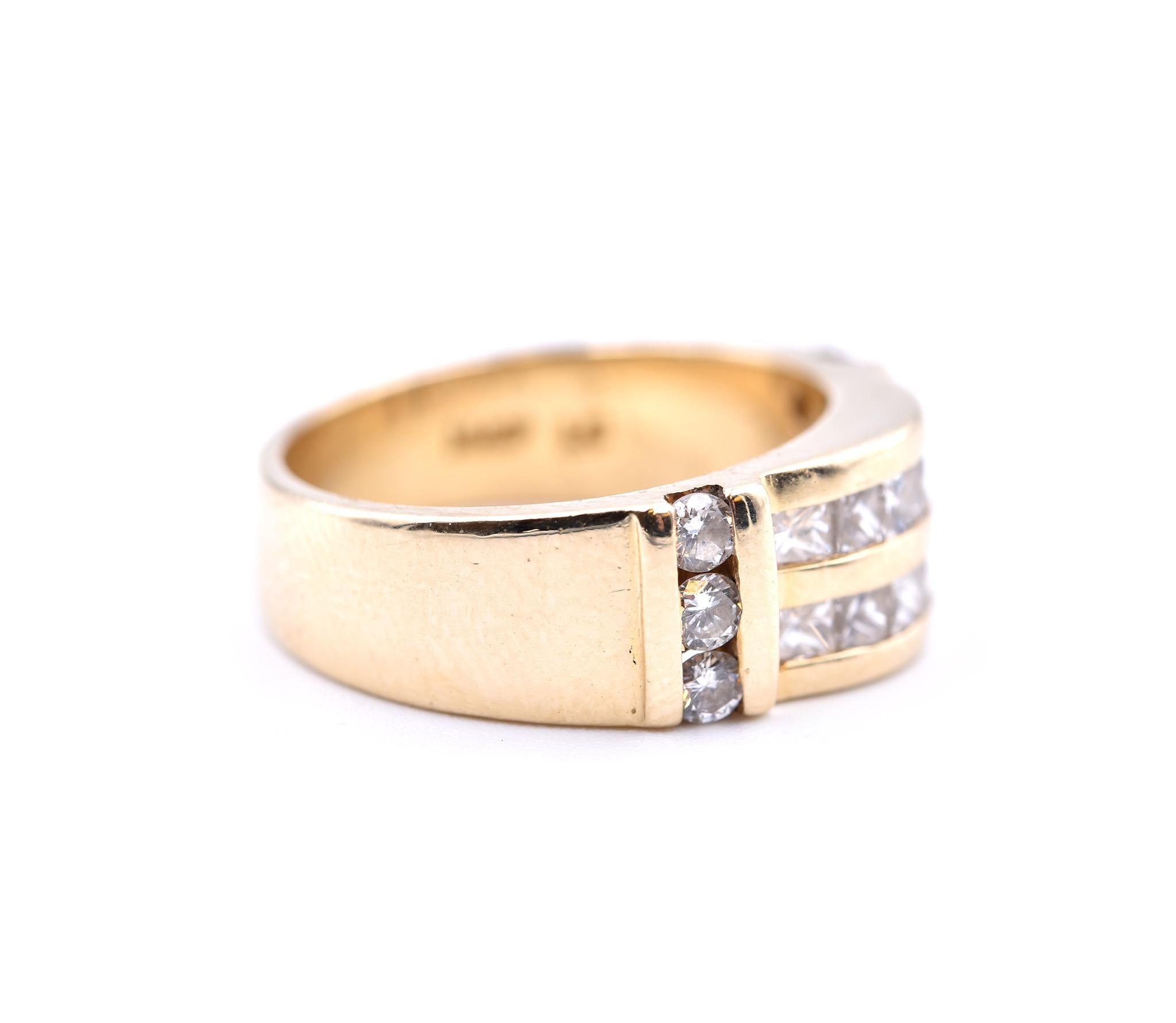 Designer: custom design
Material: 14k yellow gold
Diamonds: 12 princess cut = .85cttw
Color: H
Clarity: SI1
Diamonds: 6 round brilliant cut = .30cttw
Color: H
Clarity: SI1
Ring Size: 6 (please allow two additional shipping days for sizing