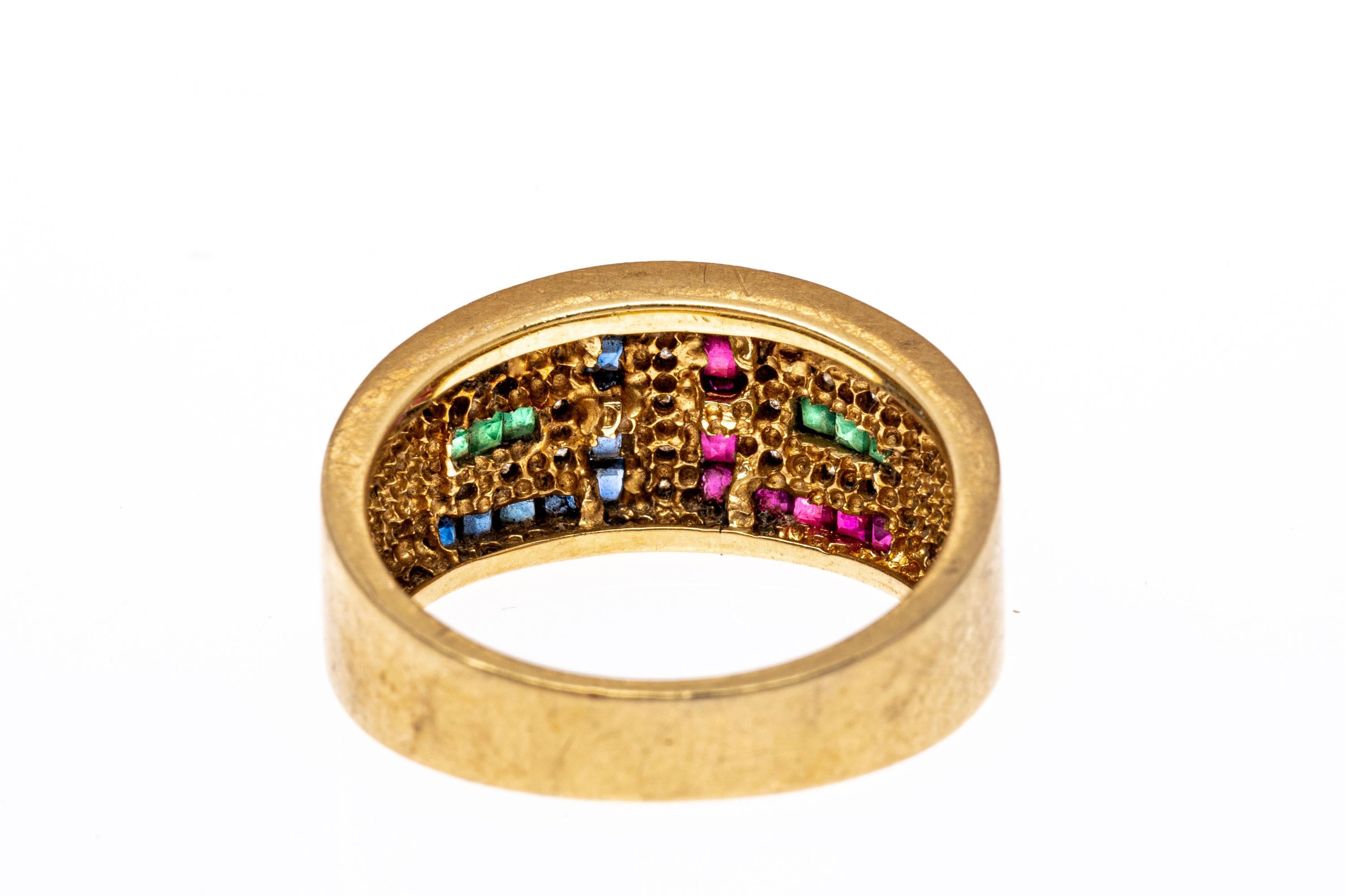 Contemporary 14k Yellow Gold Wide Deco Style Ruby, Sapphire, Emerald and Diamond Ring For Sale