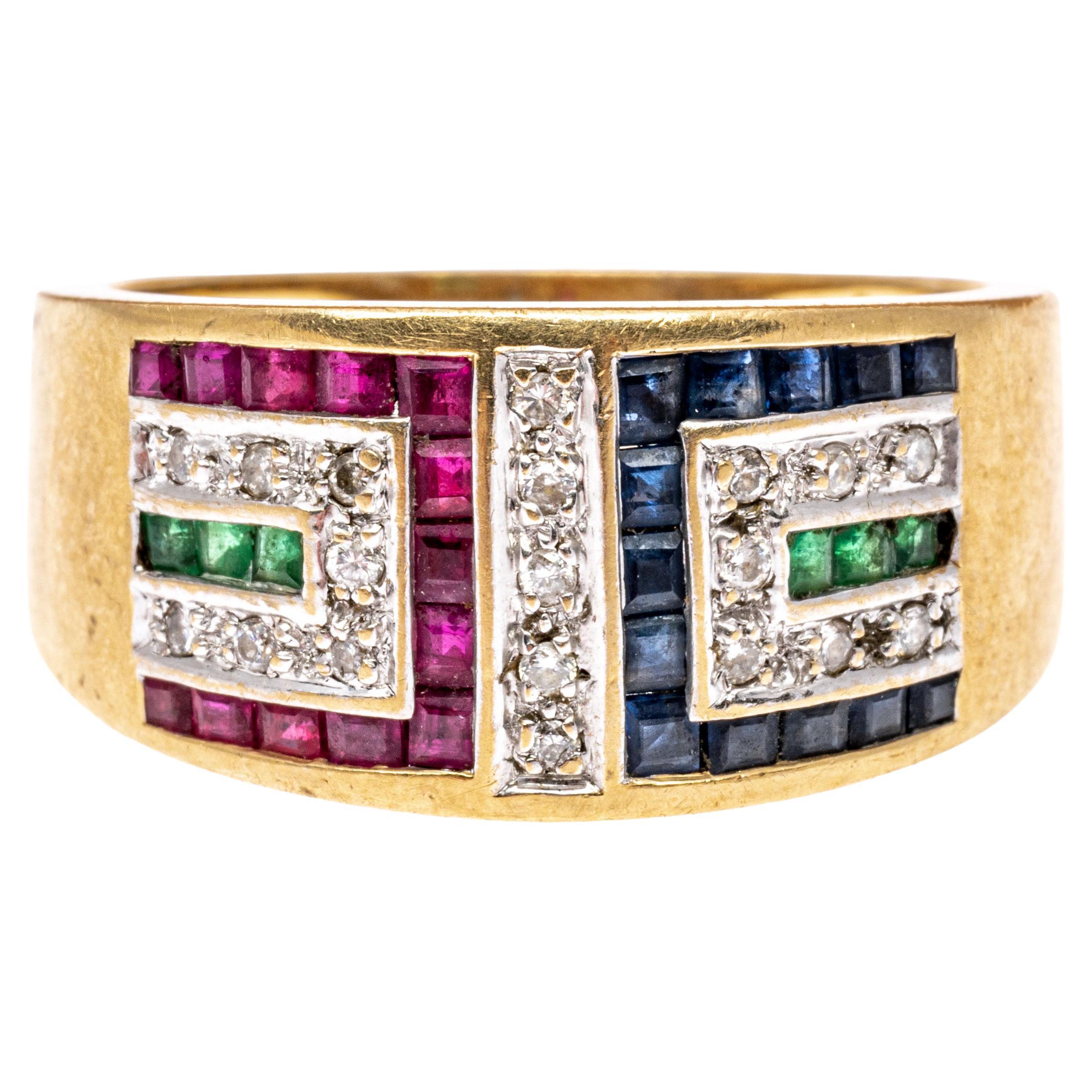 14k Yellow Gold Wide Deco Style Ruby, Sapphire, Emerald and Diamond Ring For Sale