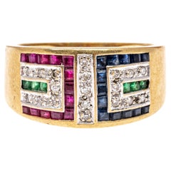14k Yellow Gold Wide Deco Style Ruby, Sapphire, Emerald and Diamond Ring