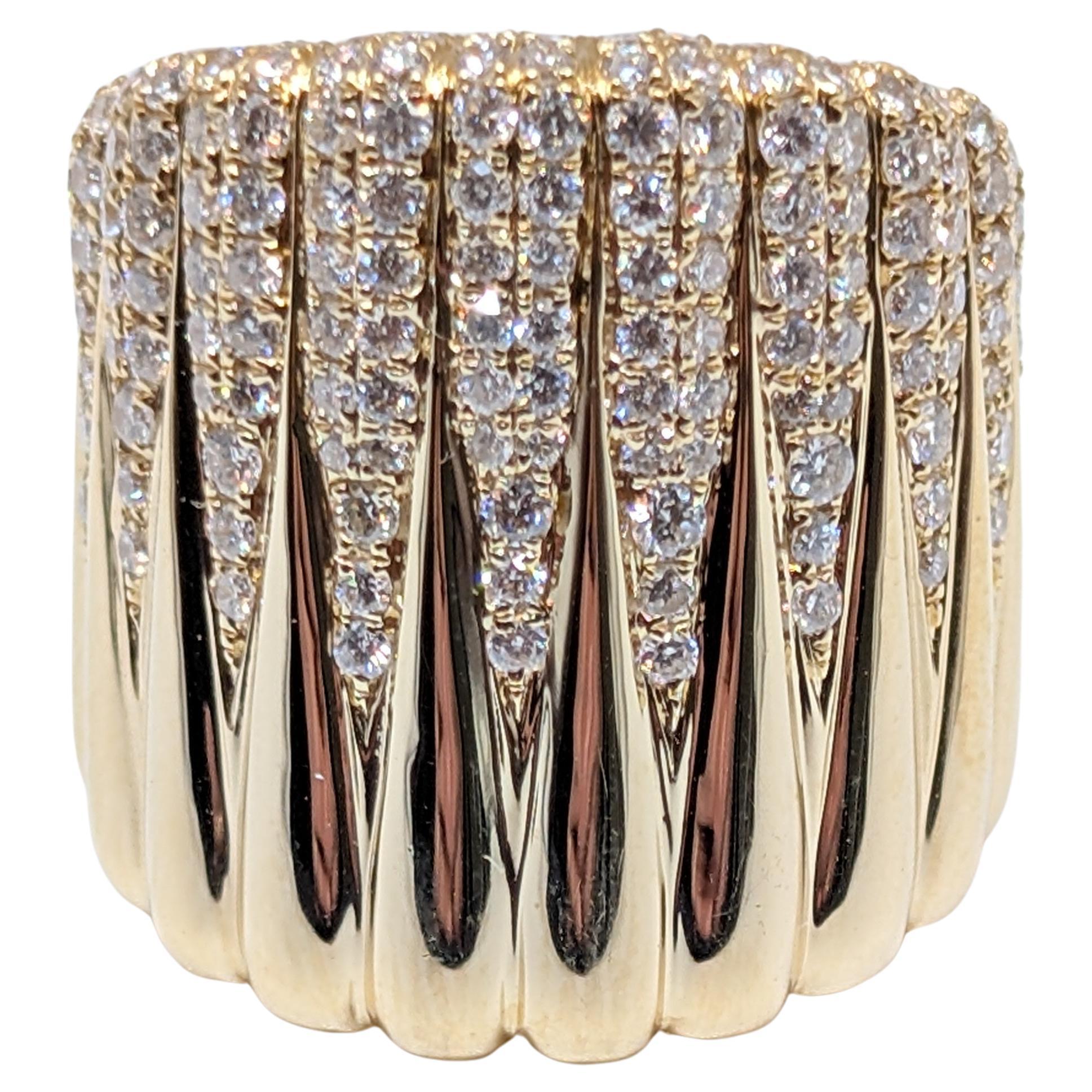 14k Yellow Gold Wide Fashion Ring with Round Brilliant Diamonds Totaling 2.10ct For Sale