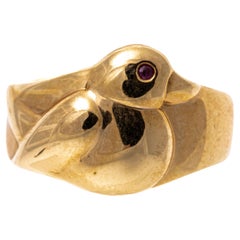 Anello a cupola con motivo a uccello in oro giallo 14k, largo e lucido