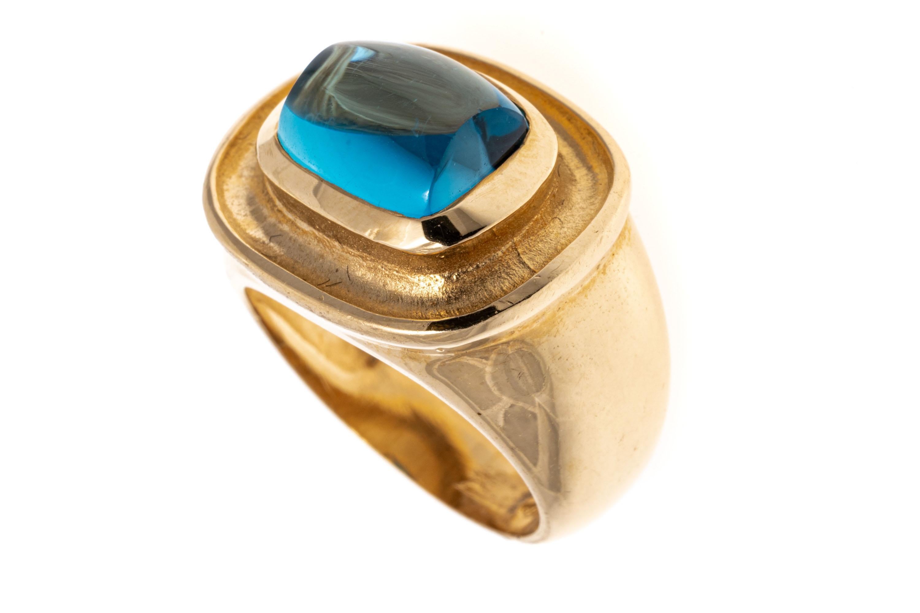 14k Yellow Gold Wide Horizontal Sugarloaf Blue Topaz Contemporary Ring For Sale 8