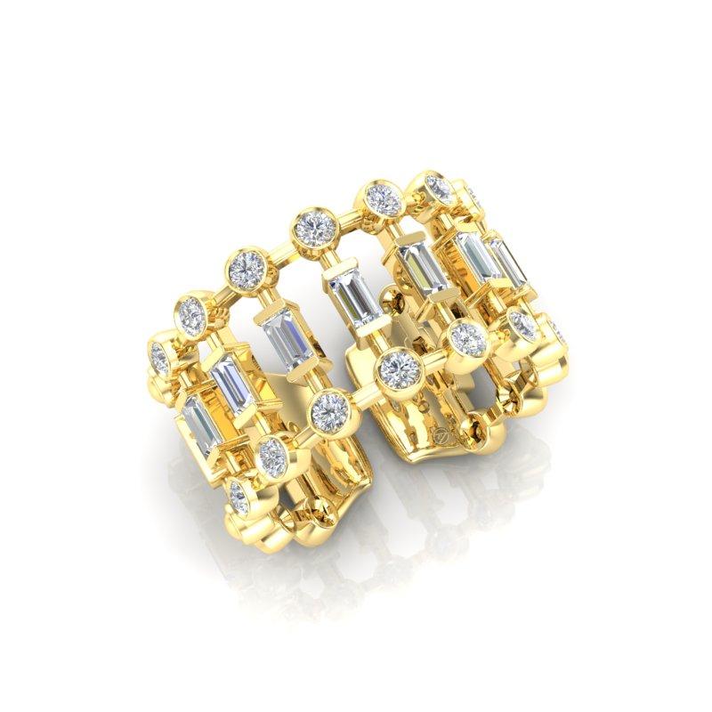 Women's 14K Yellow Gold Wide Lace Baguette & Bezel Open Cigar Diamond Band Ring  For Sale