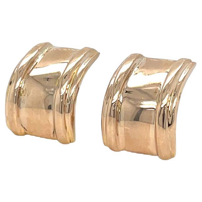 Ribbed J Omega Hoop Earrings 14K Yellow Gold Wide  For Sale