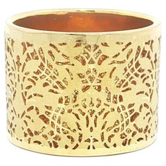 14k Yellow Gold Wide Textured Floral Filigree Pierced Cigar Eternity Band Ring