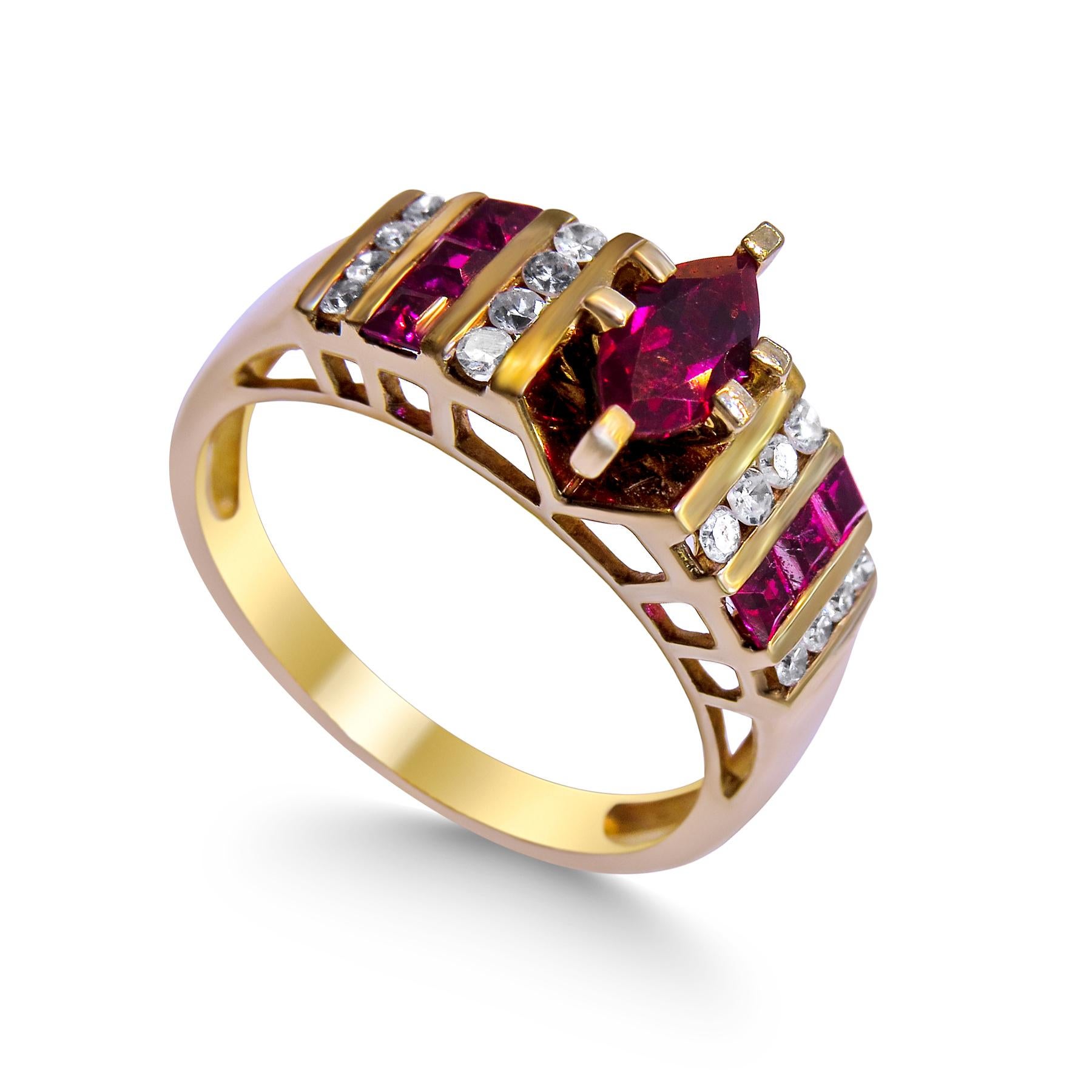 Art Deco 14 Karat Yellow Gold with Diamond and Ruby C.Z Ladies Ring For Sale
