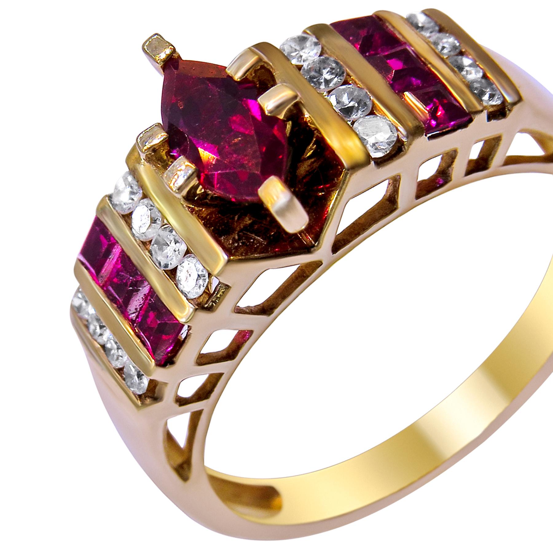 14k Yellow gold
Weight= 4 gr 
Size= 7(We offer complementary  resizing upon request ) 
Diamond= 0.15 ct total 
Ruby Cubic Zirconia= 3/4 ct total 