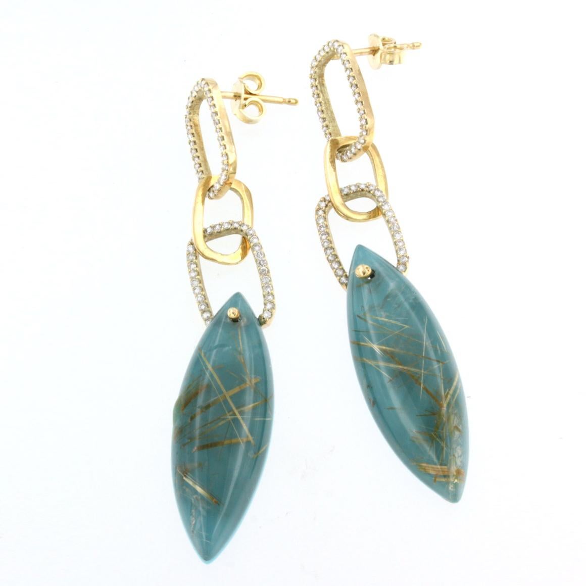 Modern 14k Yellow Gold with Rutilate Quartz Turquoise and White Diamonds Earrings For Sale