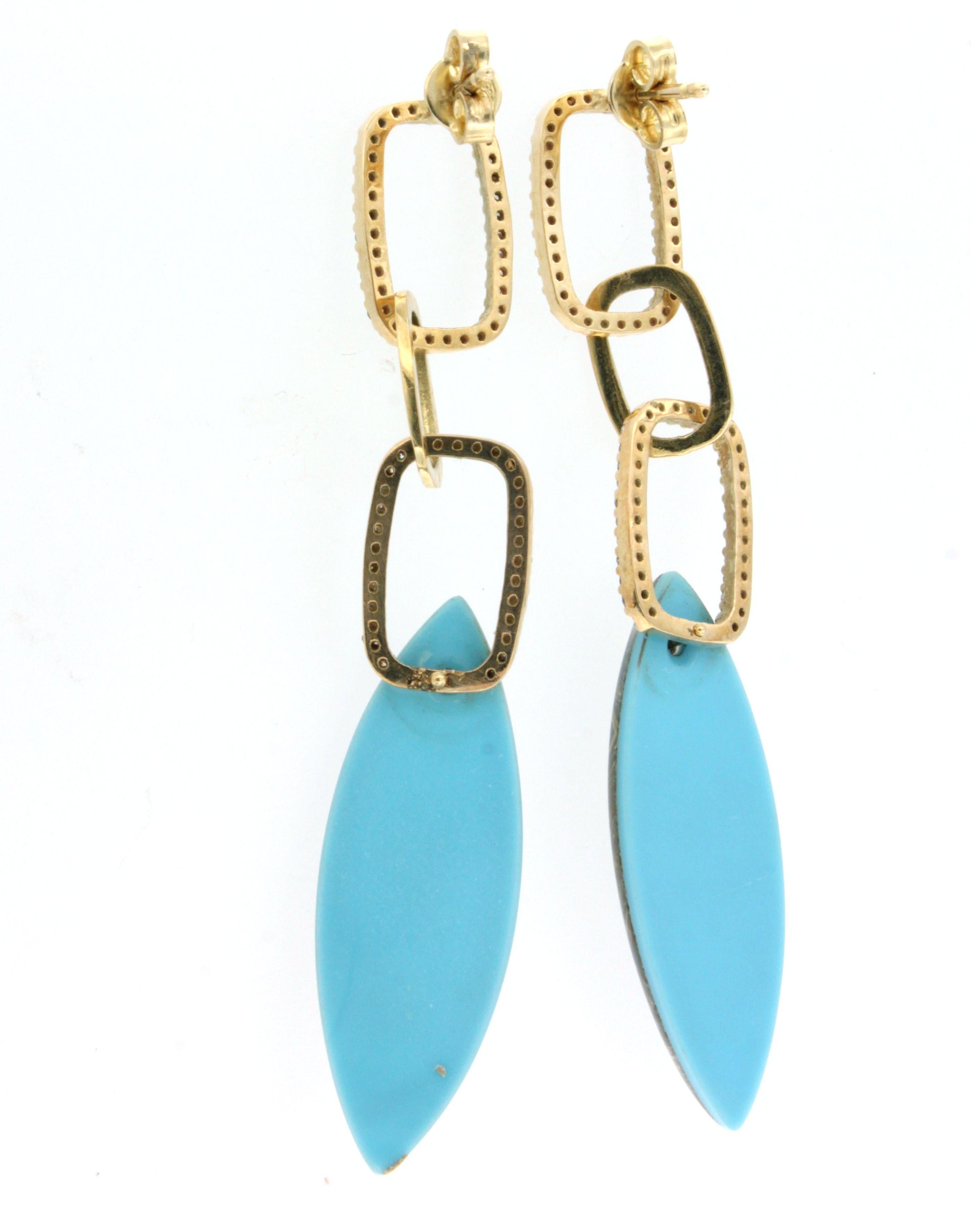 Marquise Cut 14k Yellow Gold with Rutilate Quartz Turquoise and White Diamonds Earrings For Sale