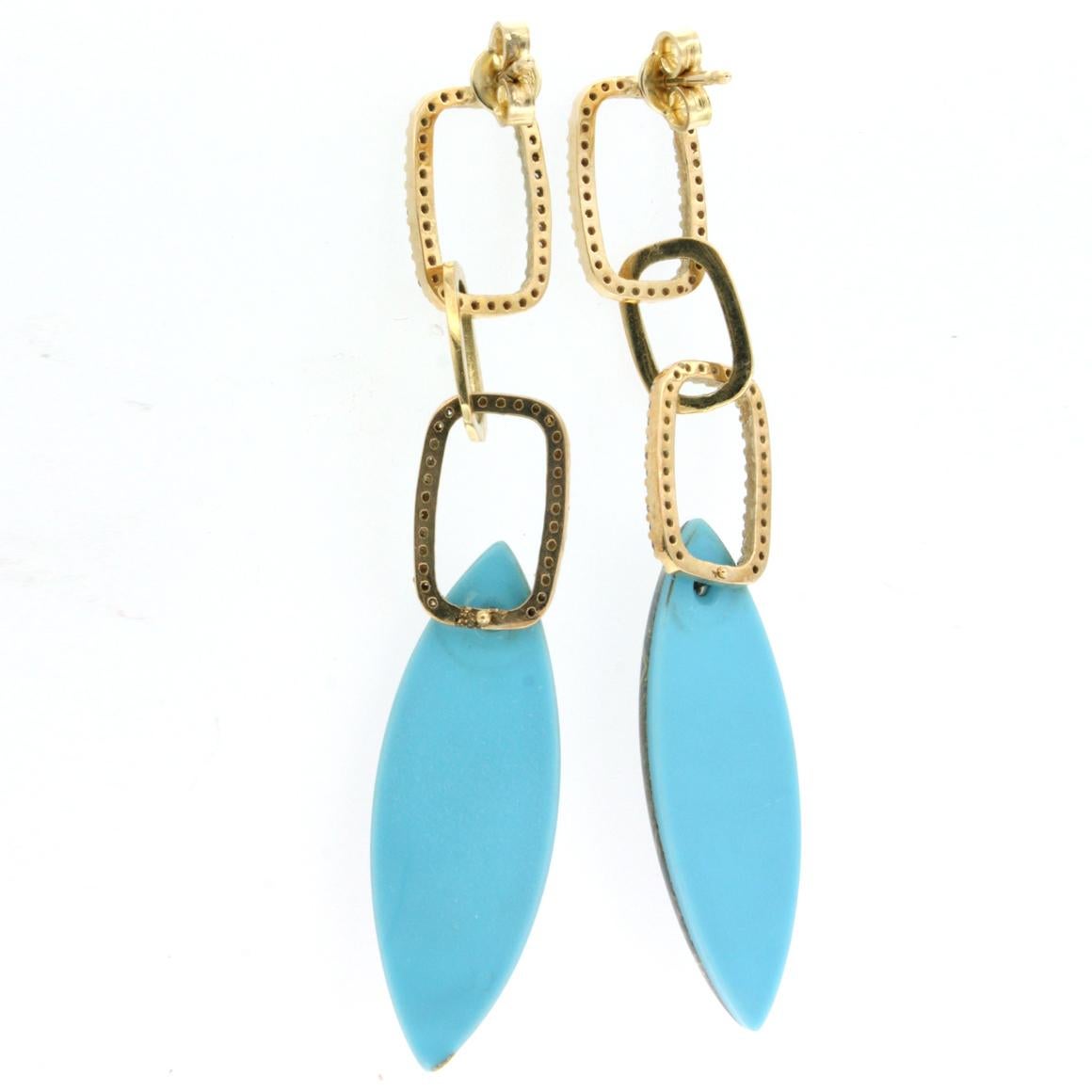 14k Yellow Gold with Rutilate Quartz Turquoise and White Diamonds Earrings In New Condition For Sale In GALLARATE, IT