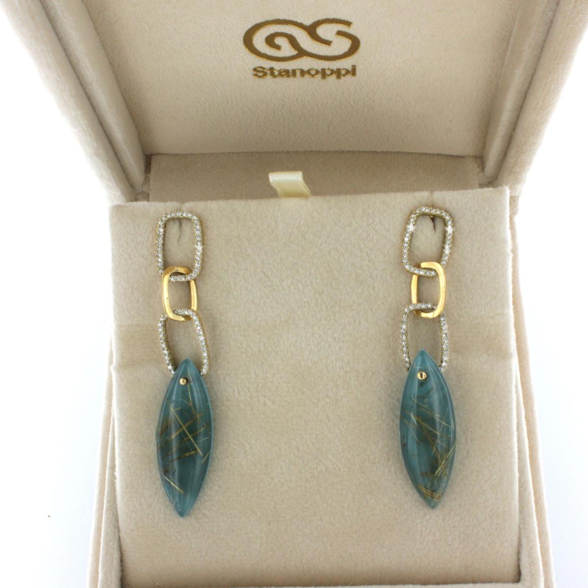 Women's or Men's 14k Yellow Gold with Rutilate Quartz Turquoise and White Diamonds Earrings For Sale