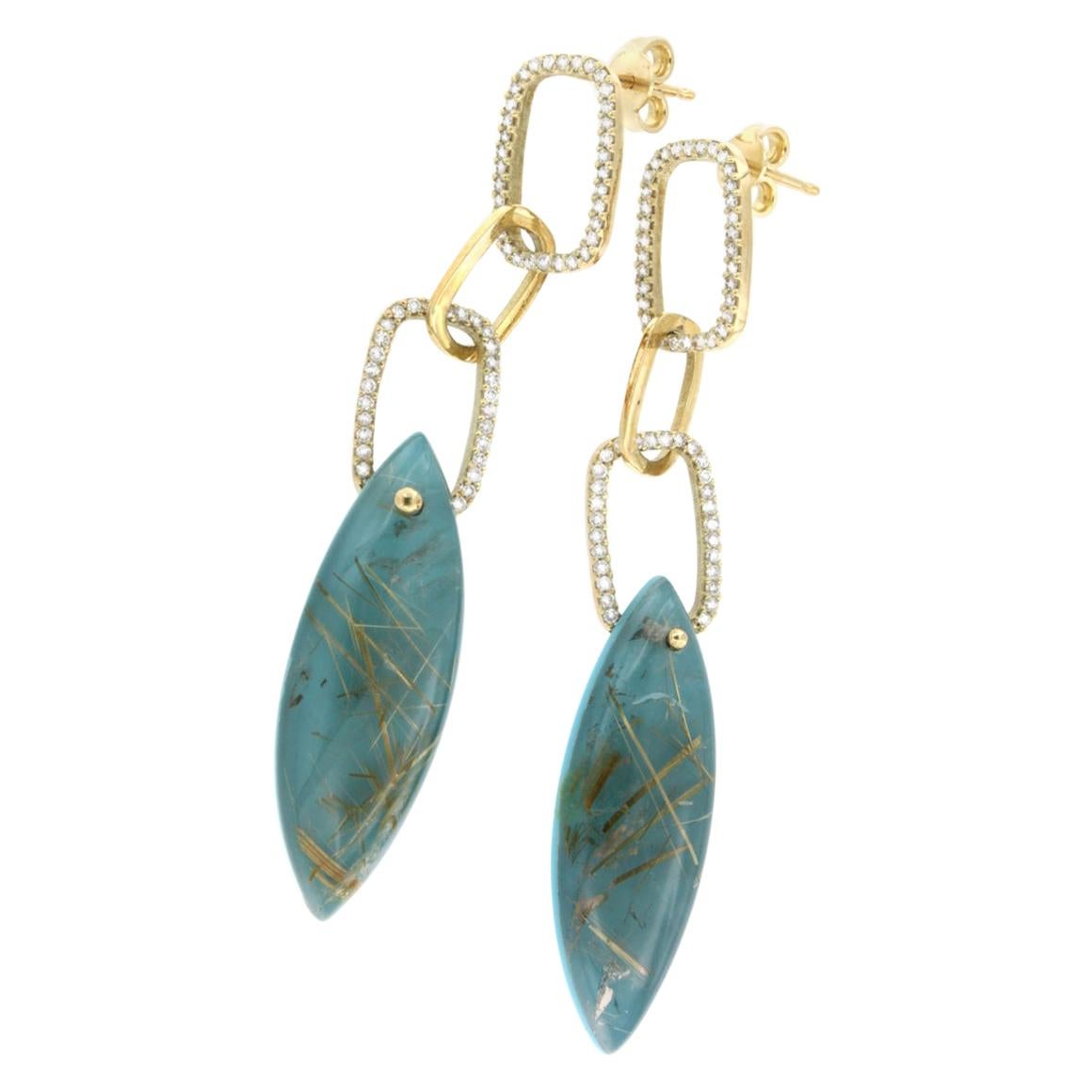 14k Yellow Gold with Rutilate Quartz Turquoise and White Diamonds Earrings For Sale