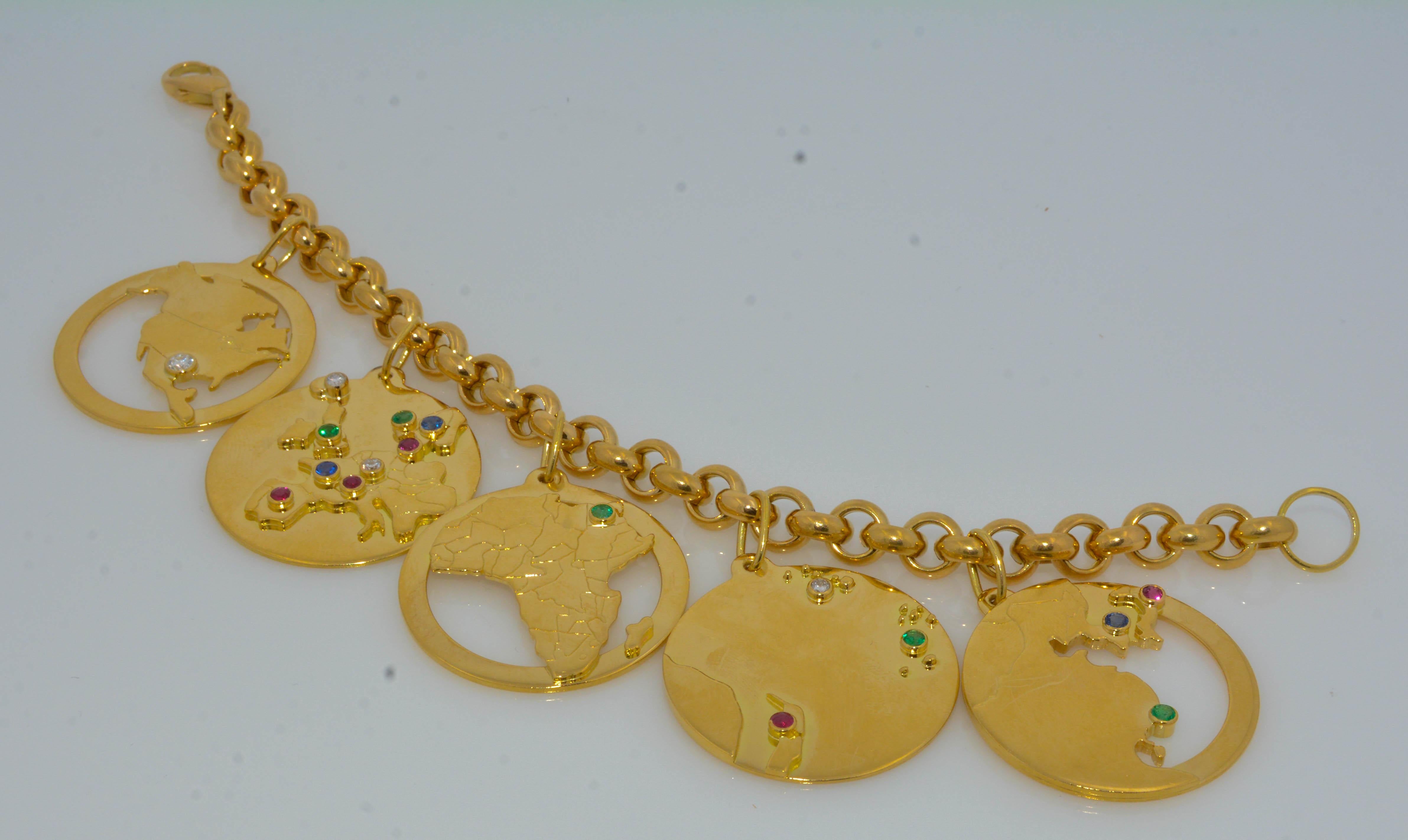 14 Karat Yellow Gold World Traveler Gemstone and Diamonds Charm Bracelet In Excellent Condition In Dallas, TX