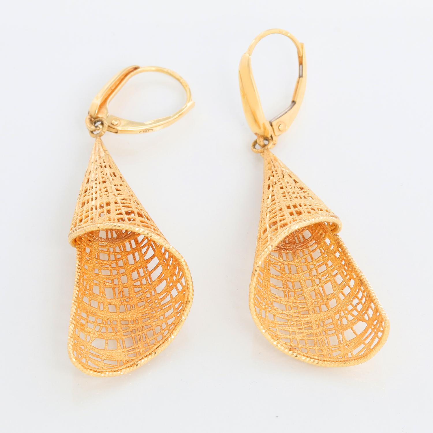 14K Yellow Gold Woven Twirl Earrings  - Unique woven gold drop earrings. Measuring 2 inches in height. Hallmarks include 14K & ITALY. Pre-owned with custom earrings box .