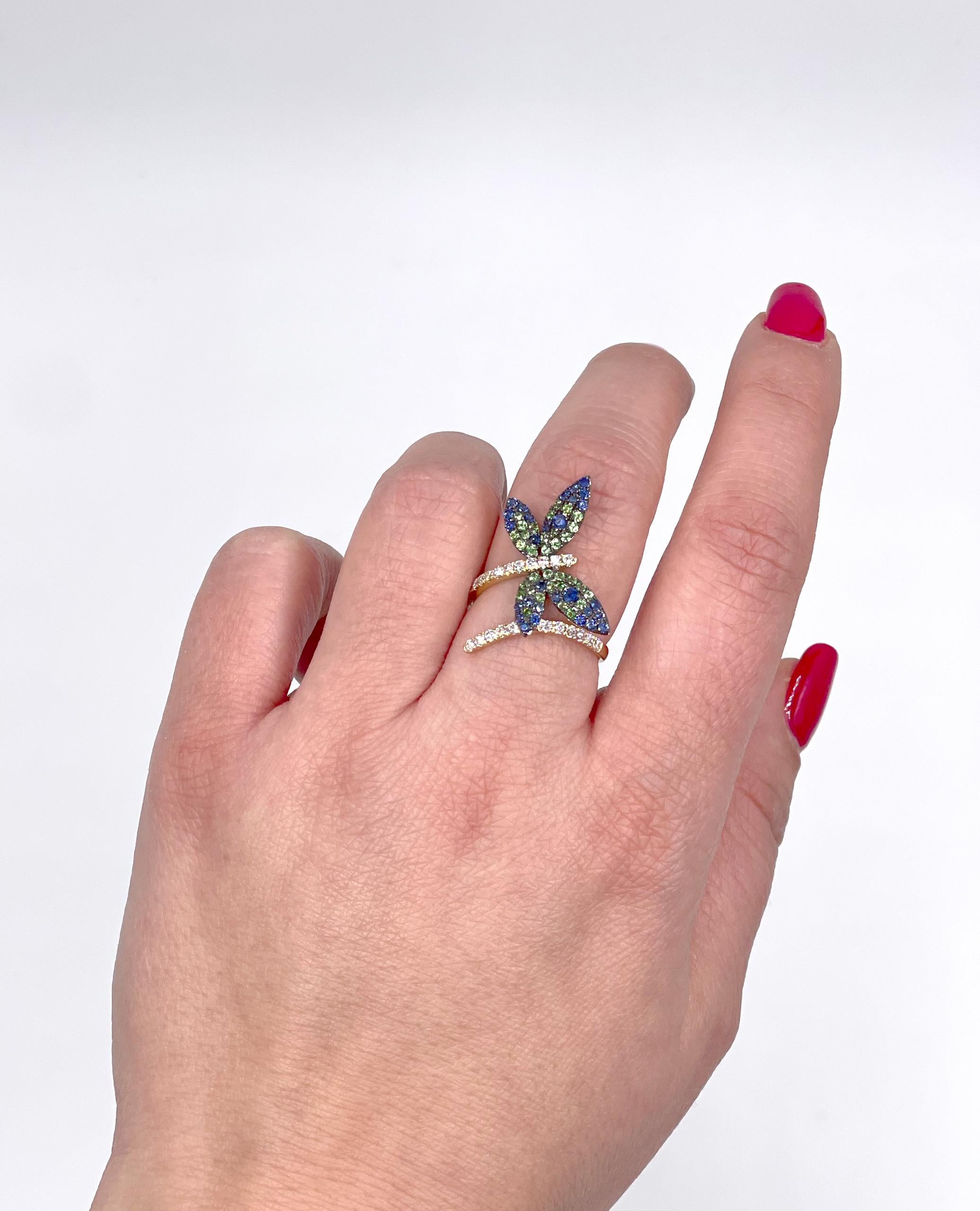 Contemporary 14k Yellow Gold Wraparound Dragonfly Ring with Sapphires and Tsavorite