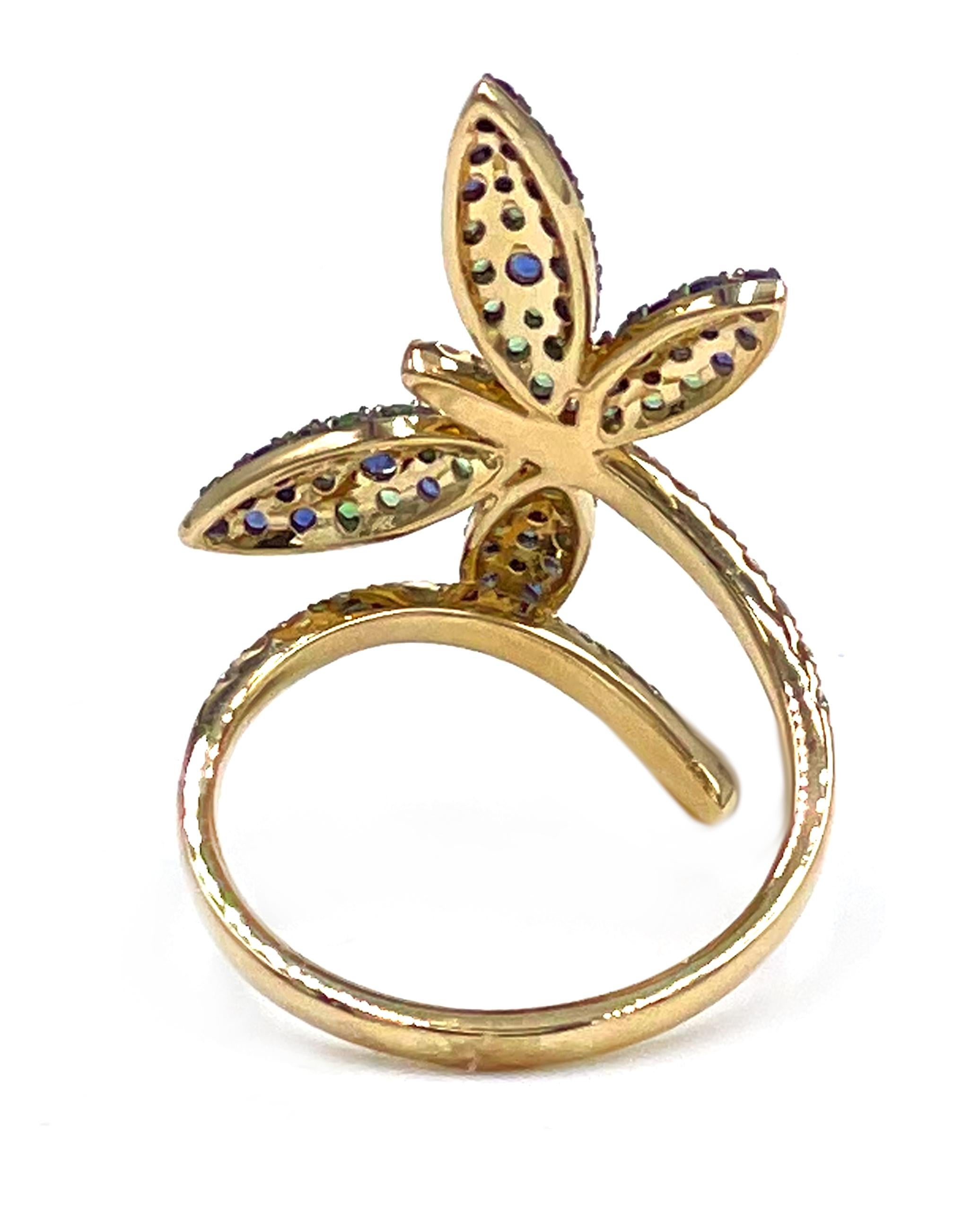 Round Cut 14k Yellow Gold Wraparound Dragonfly Ring with Sapphires and Tsavorite