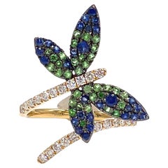 14k Yellow Gold Wraparound Dragonfly Ring with Sapphires and Tsavorite