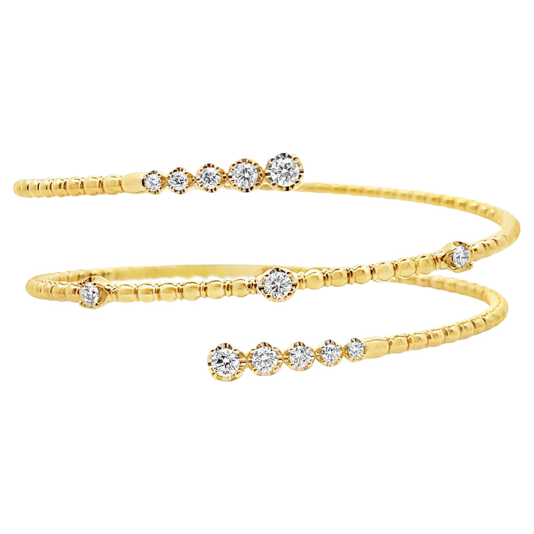 14K Yellow Gold Wrap Flexible Bangle Bracelet with 0.85 Carat Round Diamonds