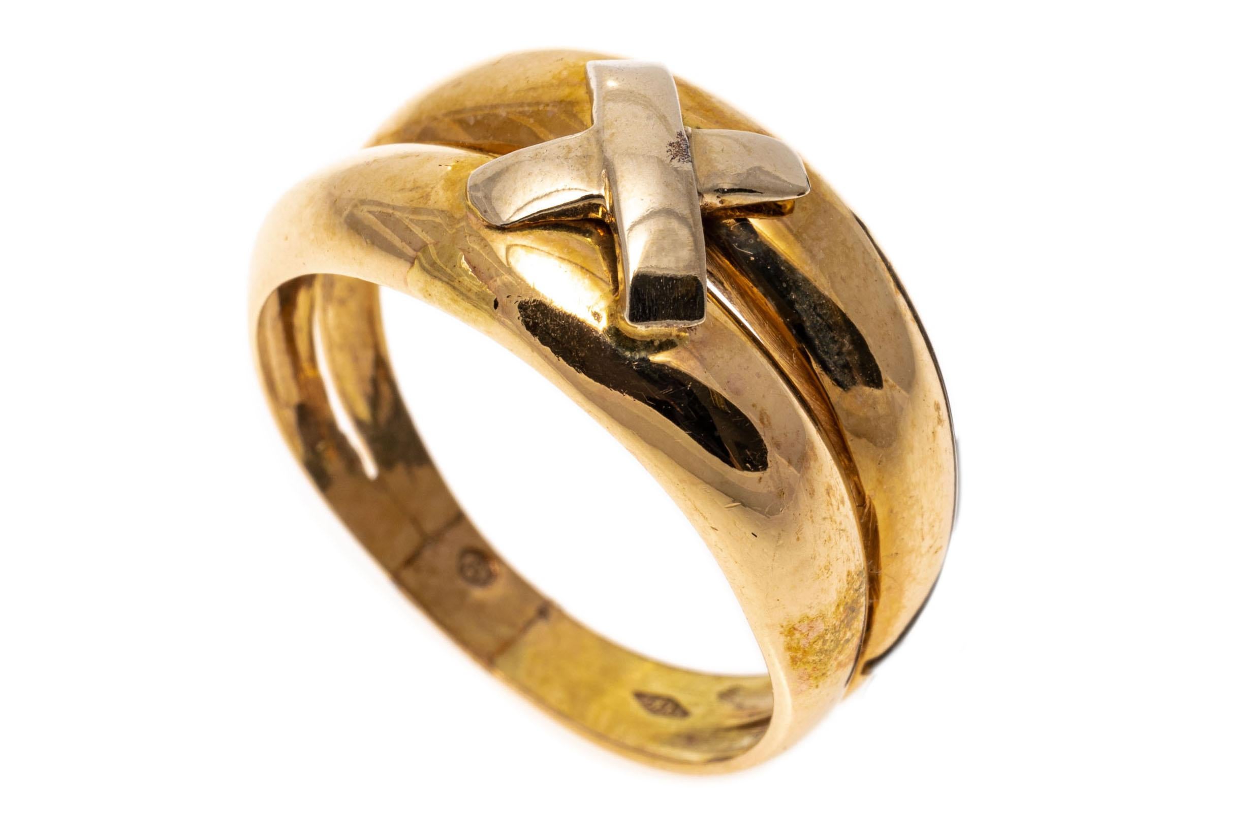 14k yellow gold ring. This classic yellow gold dome ring is a high polished, wide split rib, with a center decorative 