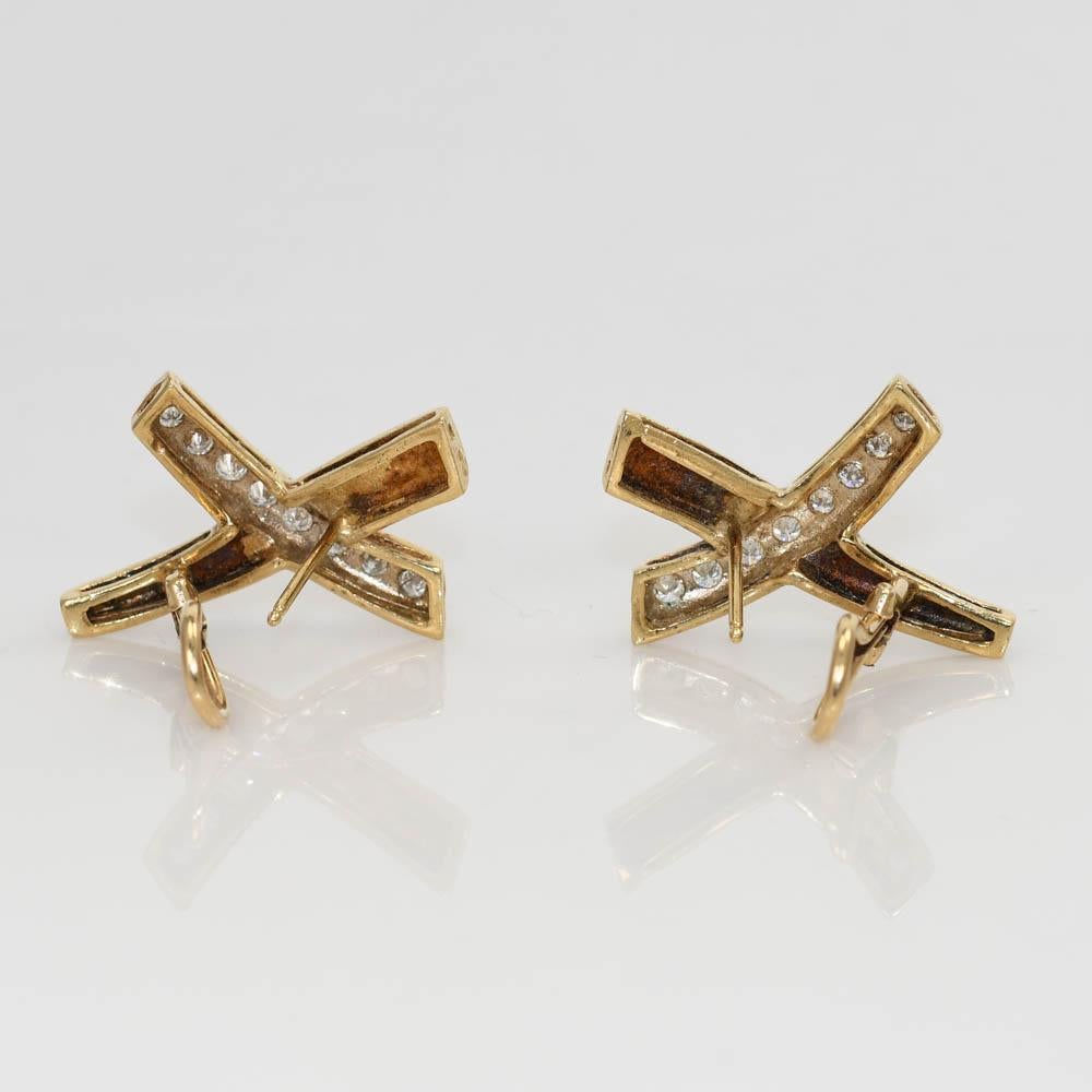 Round Cut 14K Yellow Gold X Shape Diamond Earrings 8.1g For Sale