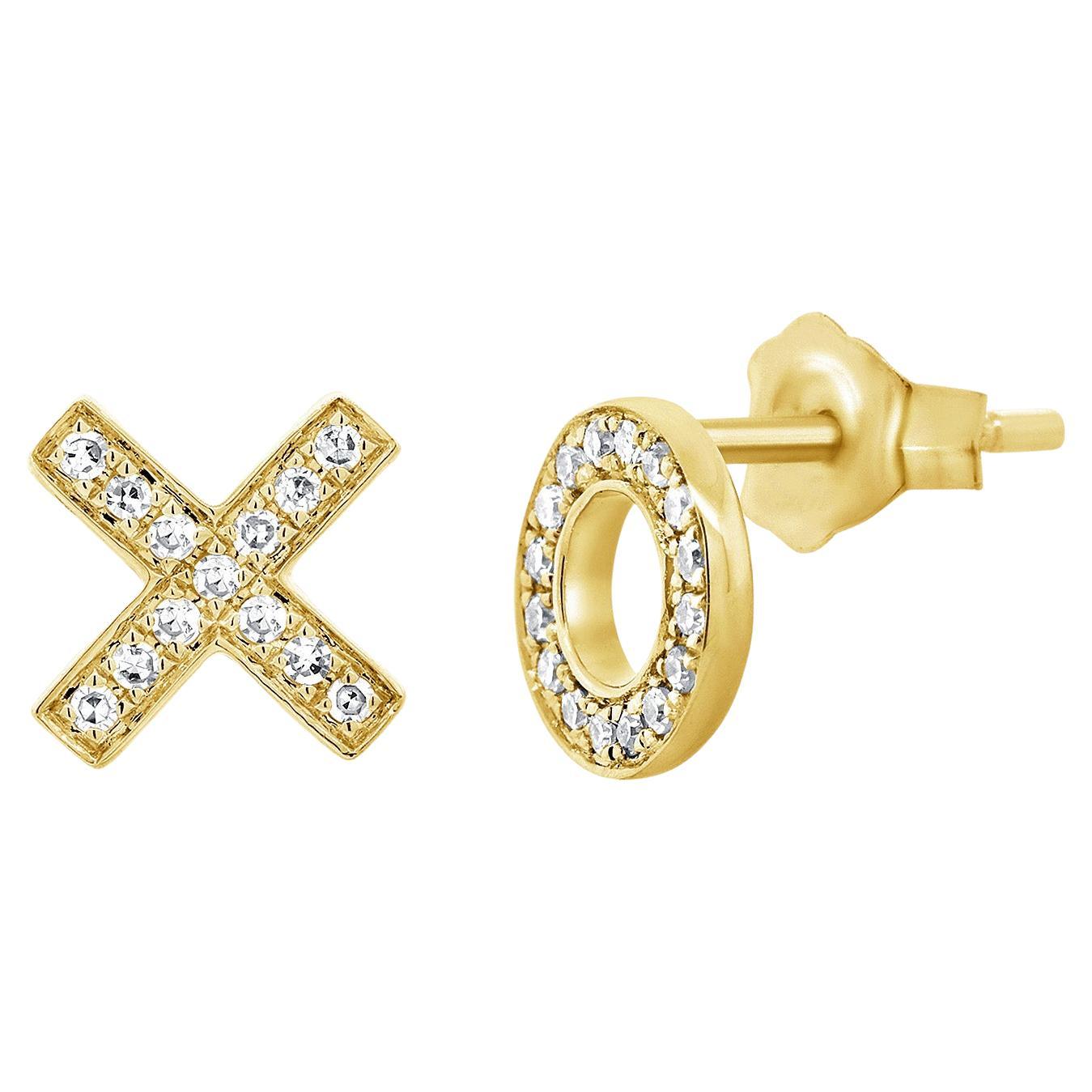 14K Yellow Gold XO Diamond Stud Earrings for Her For Sale