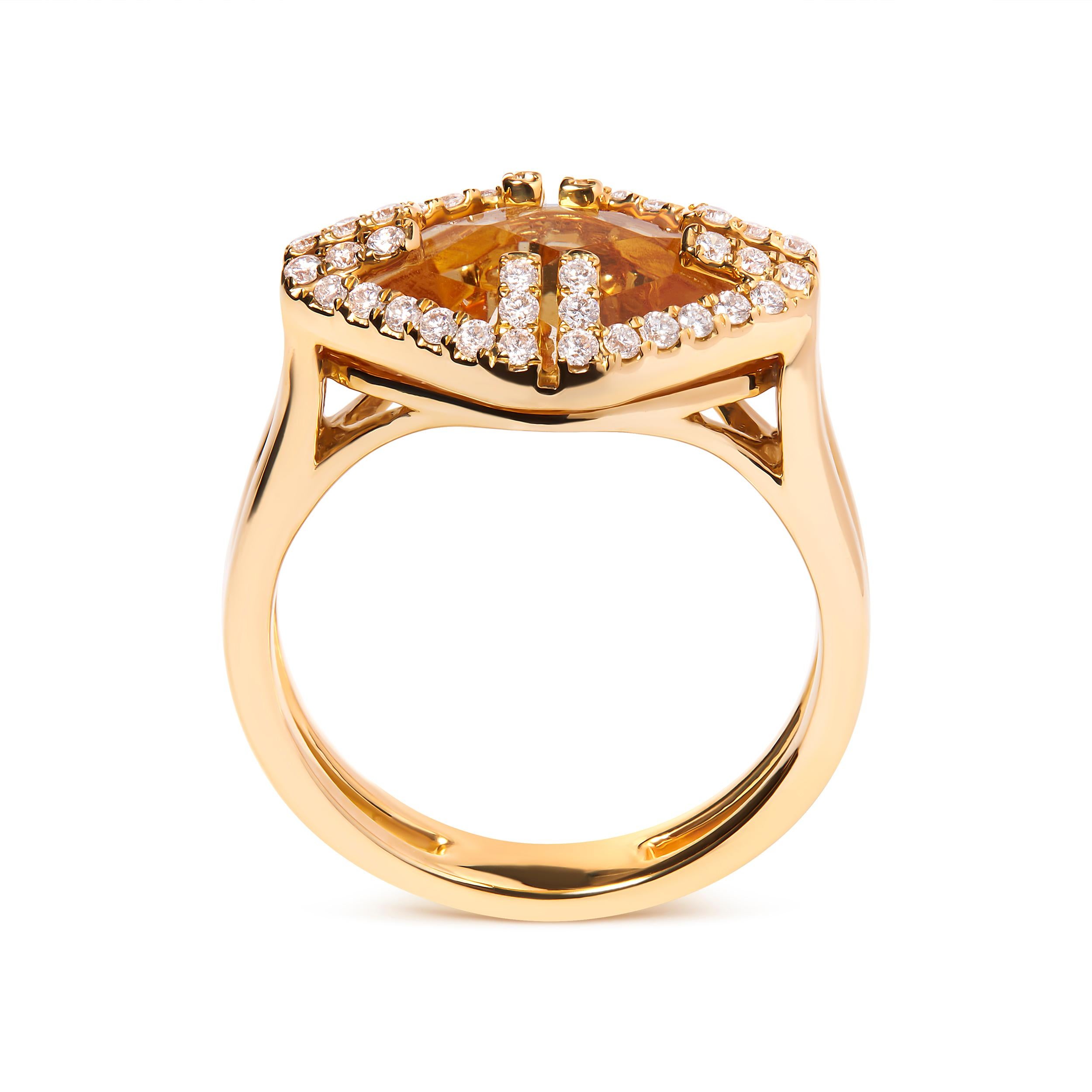 Immerse yourself in the epitome of elegance with this stunning 14K yellow gold masterpiece, designed to capture hearts and turn heads. At its core, a mesmerizing marquise-cut yellow citrine gemstone, naturally sourced and color-treated to radiate a