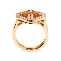 14K Yellow Gold Yellow Citrine and 1/3 Cttw Diamond Halo Cocktail Ring