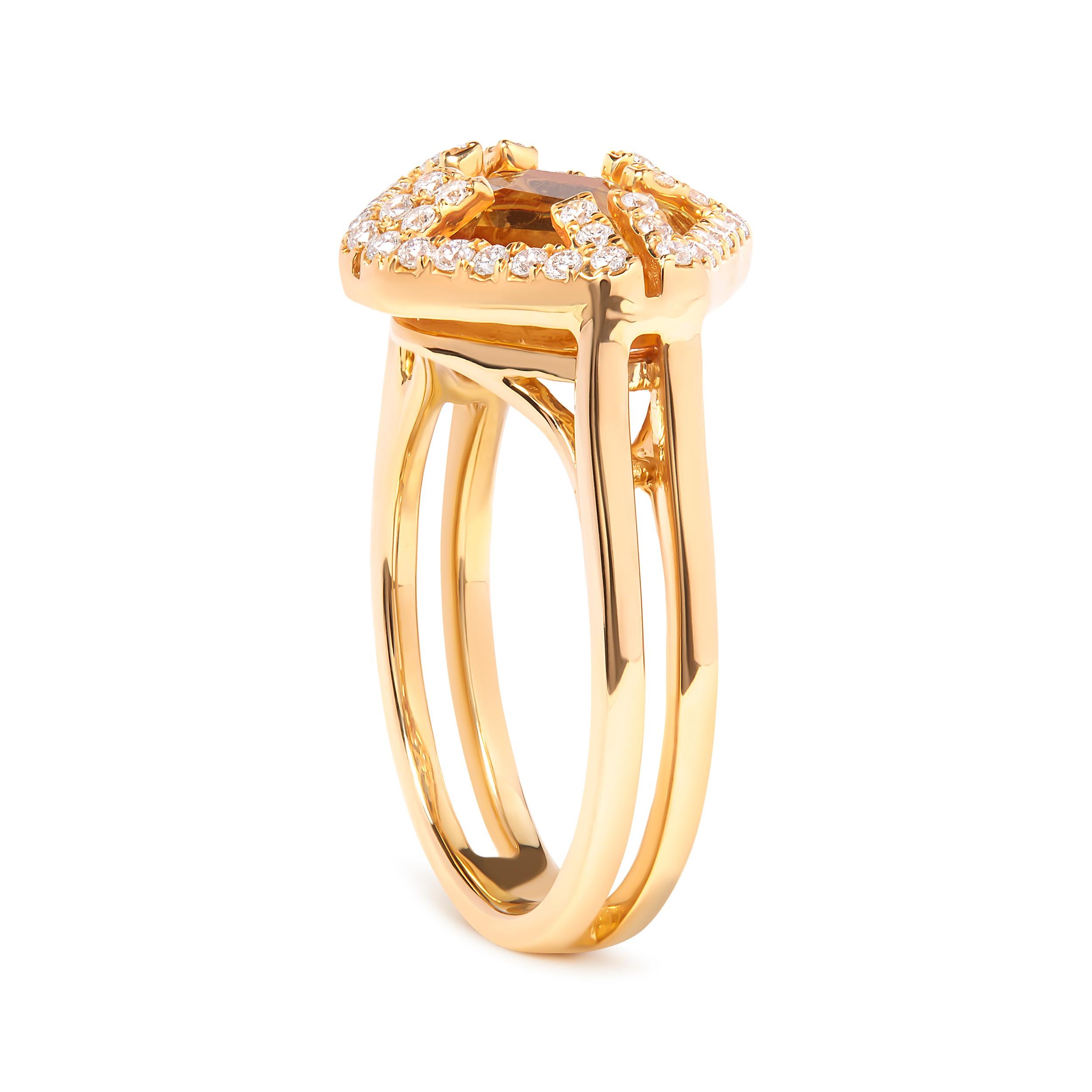 Modern 14K Yellow Gold Yellow Citrine and 1/3 Cttw Diamond Halo Cocktail Ring For Sale