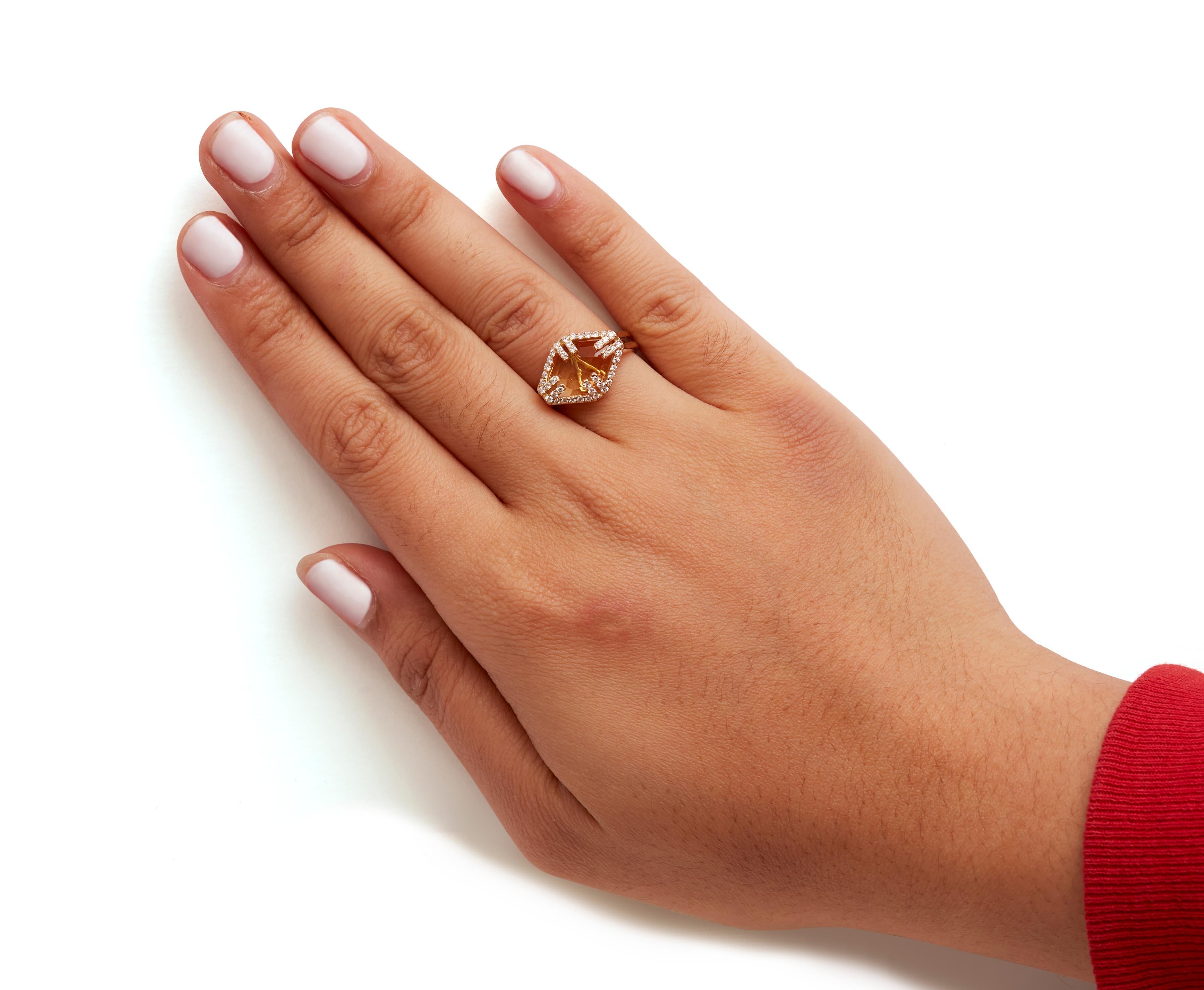 14K Yellow Gold Yellow Citrine and 1/3 Cttw Diamond Halo Cocktail Ring In New Condition For Sale In New York, NY