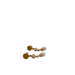 14K Yellow Gold Yellow Gemstone, Diamond, and Pearl Dangle Earrings