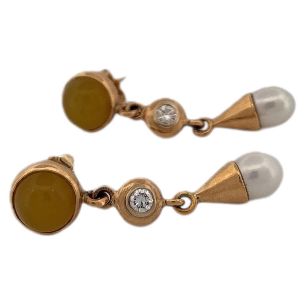 14K Yellow Gold Yellow Gemstone, Diamond, and Pearl Dangle Earrings For Sale