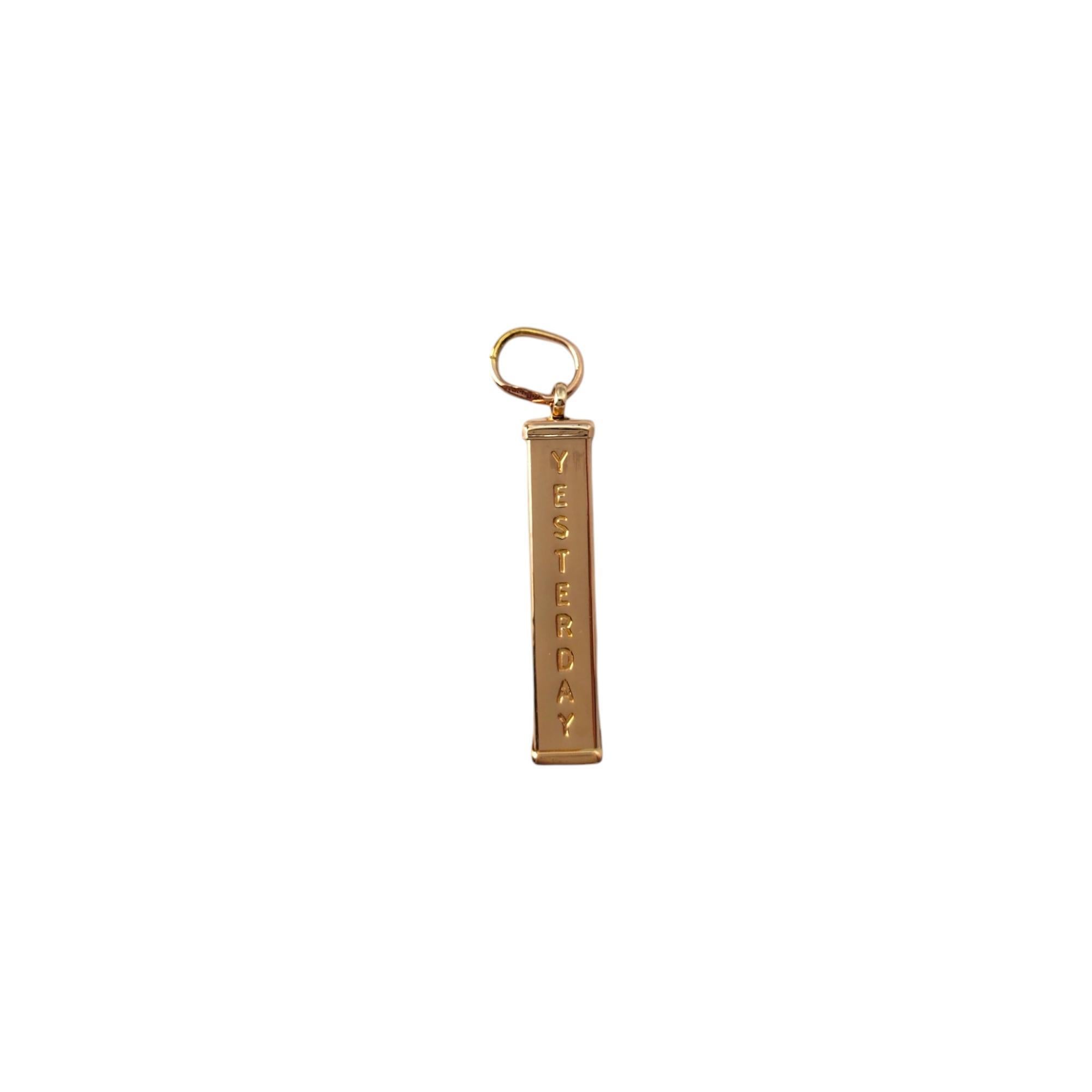 14K Yellow Gold Yesterday, Today, Tomorrow and Forever Pendant -

This pendant is a beautiful symbol of love. 

Size: 29.1mm X 5.7mm X 5.7mm

Weight: 1.6dwt. / 2.4 gr.

Marked: 14K Italy 

Very good condition, professionally polished.
Will come
