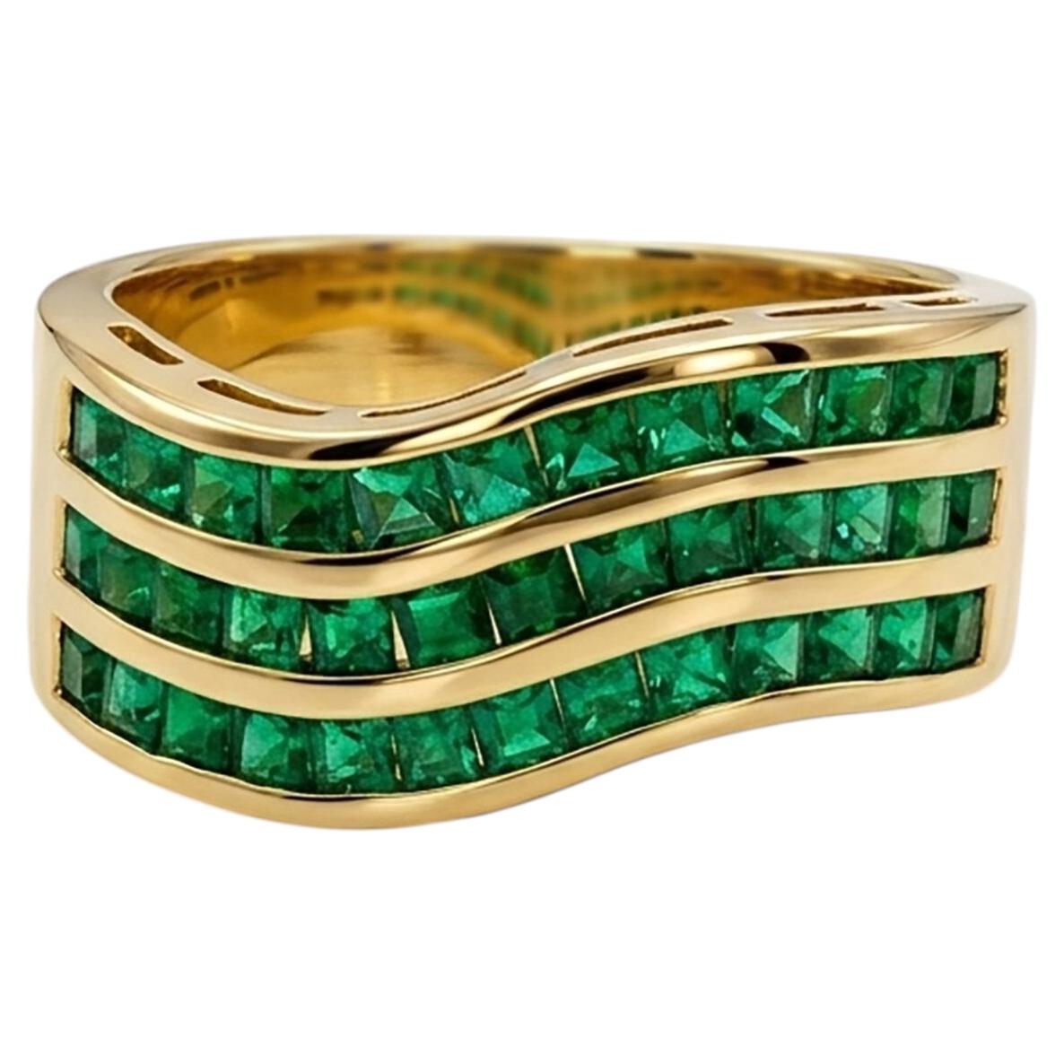 14K Yellow Gold Zambian Emerald Band 3.10 Carat Natural Emerald Handmade Band