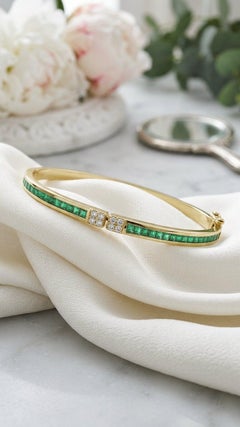 14K Yellow Gold Zambian Emerald & Diamond Bangle Bracelet Handmade Gold Bangle