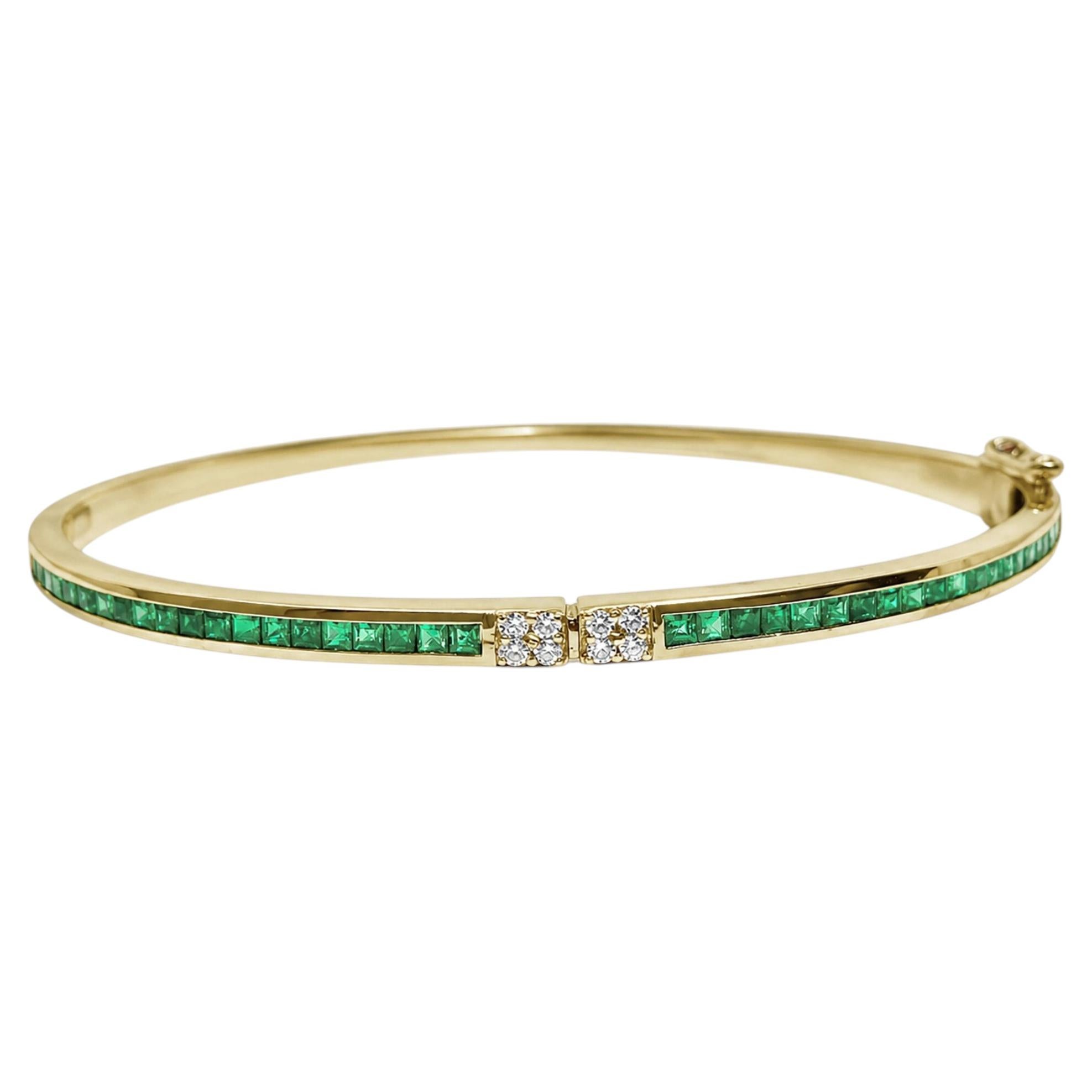 14K Yellow Gold Zambian Emerald & Diamond Bangle Bracelet Handmade Gold Bangle For Sale