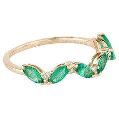 14K Yellow Gold Zig-Zag Band Ring Featuring 0.66 Carat Marquise Emerald and 0.02