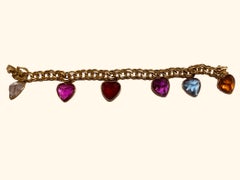 14K Yellow Gold Zircon Heart Charms Open Chino Link Bracelet