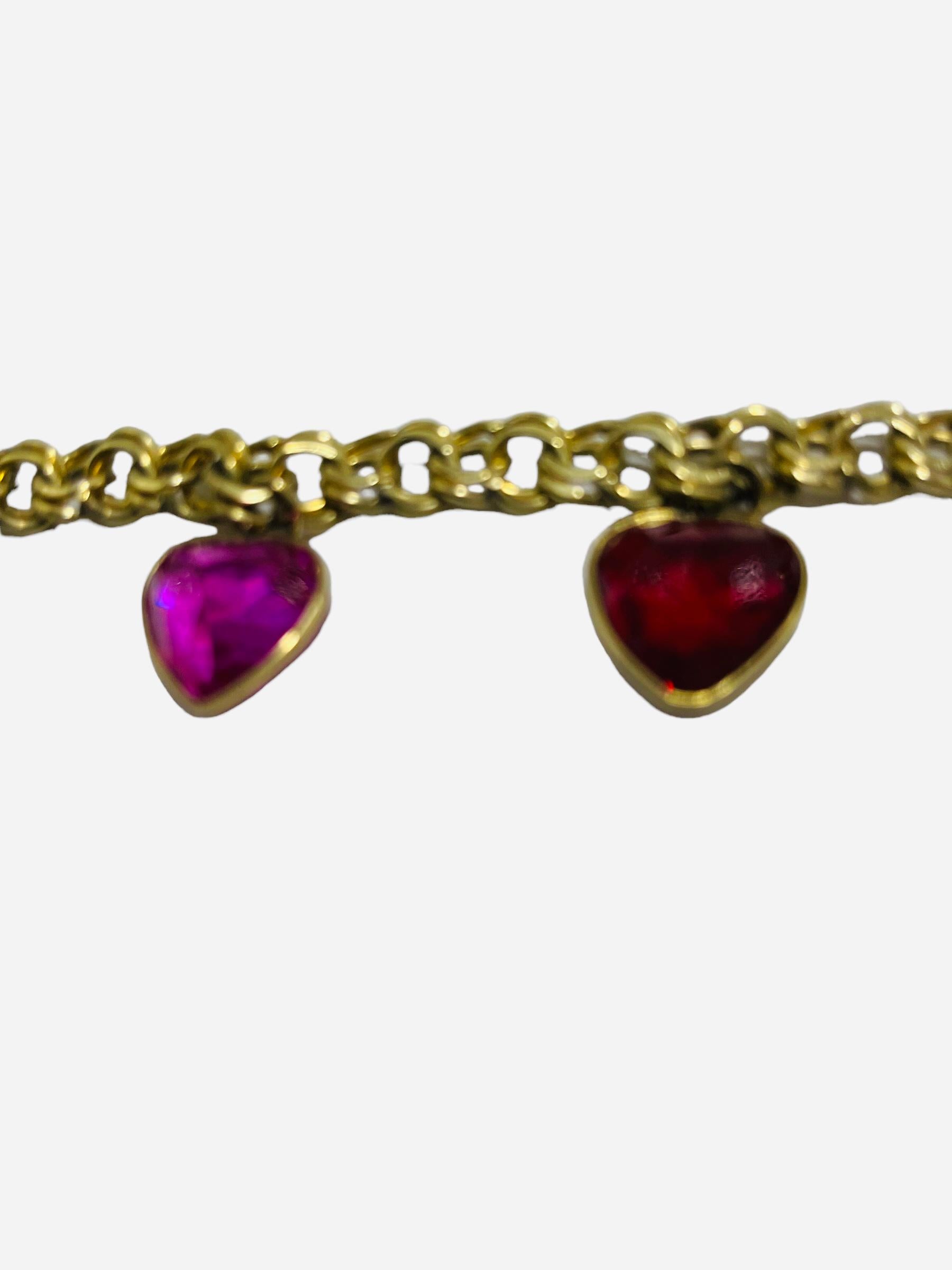 14K Yellow Gold Zircon Heart Charms Open Chino Link Bracelet  In Good Condition For Sale In Guaynabo, PR