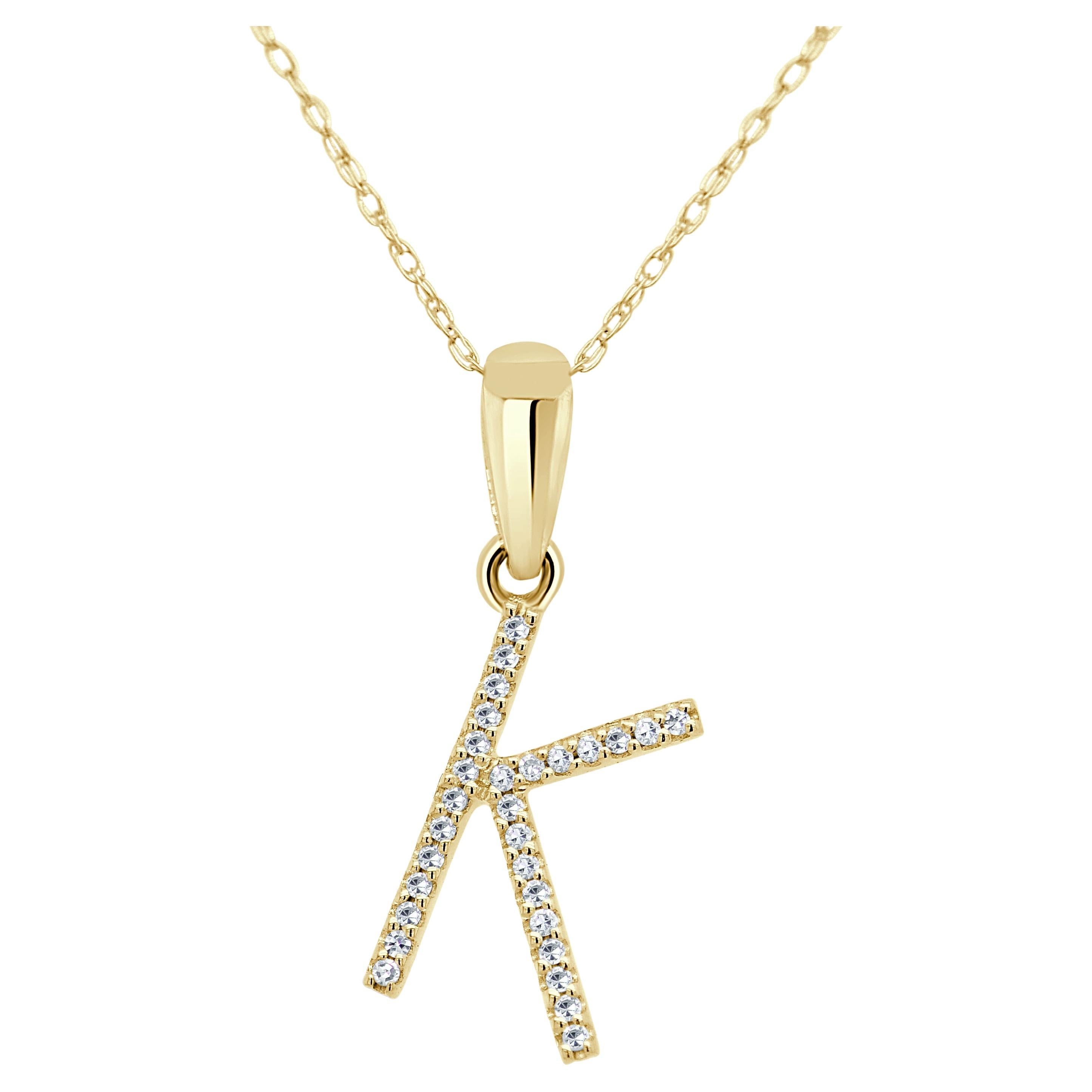 14K Yellow Gold 0.10ct Diamond Initial K Pendant for Her For Sale