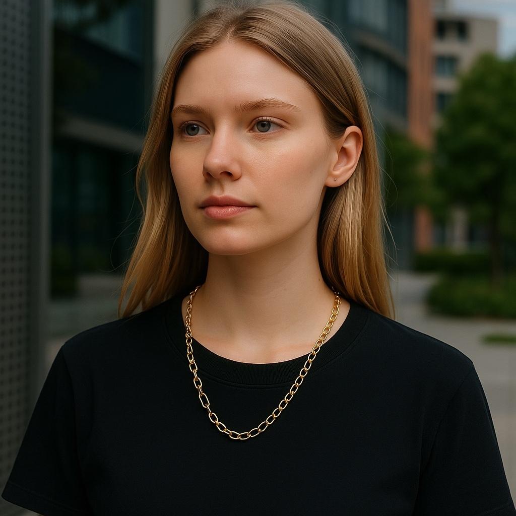 A Bold Statement Piece and Timeless Investment
Elevate your jewelry collection with this 14K Italian Gold Necklace, proudly stamped “14k Italy.” Measuring 18 inches in length and weighing approximately 5.8 dwt, this substantial chain serves as both