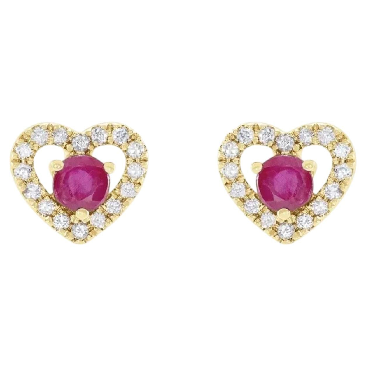14K Yellow Natural Ruby & 1/10 CTW Natural Diamond Heart Earrings